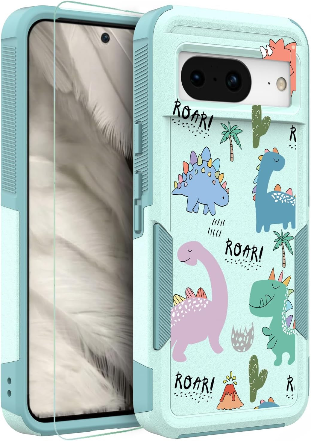 For Google Pixel 8 5G Case with Tempered Glass Screen Protector: Cute Flower Floral Design for Girls Women Slim Fit Soft TPU Bumper Silicone Cell Phone Cover (Funny Cat)  Ftonglogy Funny Dino  