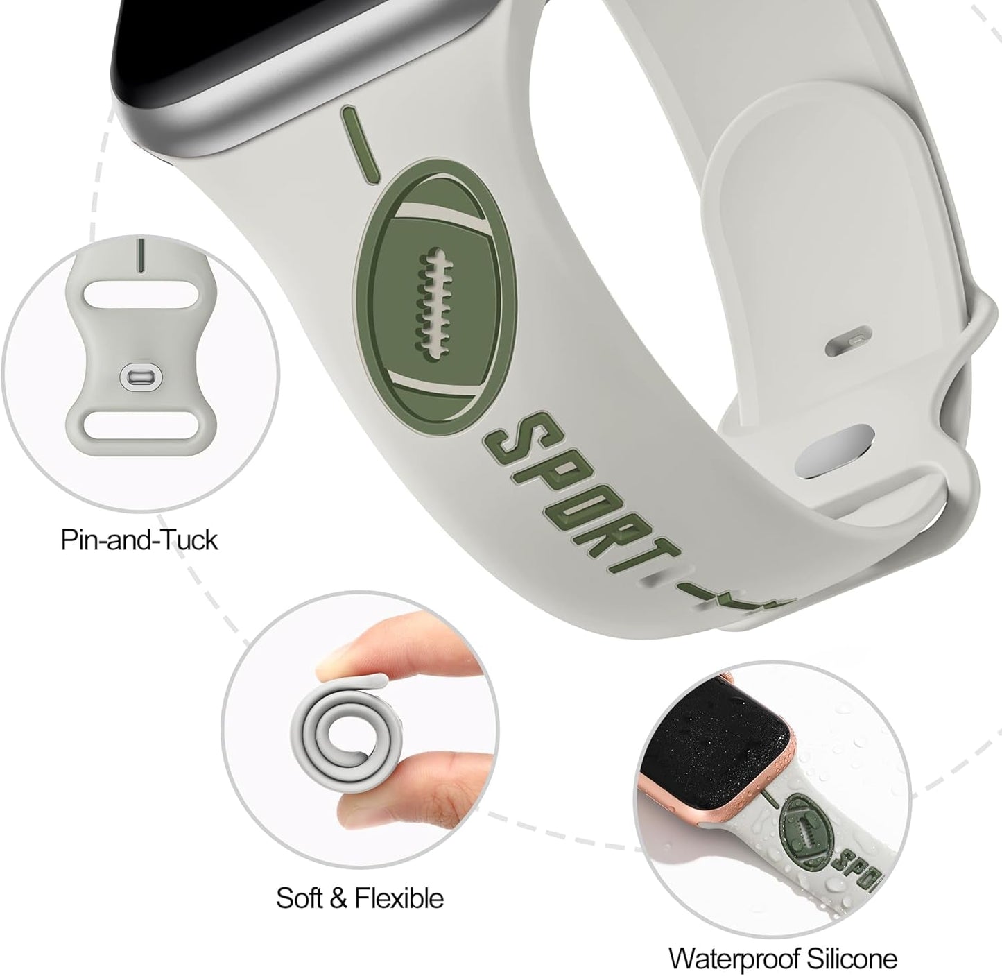 Designer Band for Apple Watch Band 38Mm 40Mm 41Mm 42Mm 44Mm 45Mm 49Mm Women Men,Silicone Waterproof Football Sport Strap for Iwatch Series 9 Ultra 8 7 6 5 4 3 2 1 SE Replacement Wristbands Grey Green