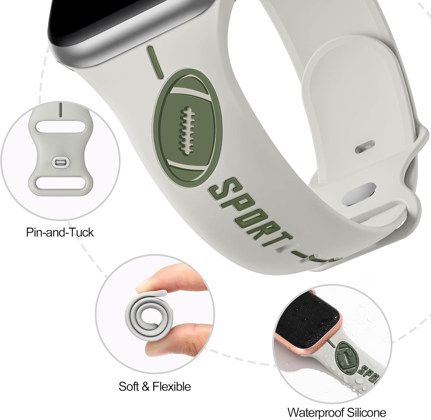 Designer Band for Apple Watch Band 38Mm 40Mm 41Mm 42Mm 44Mm 45Mm 49Mm Women Men,Silicone Waterproof Football Sport Strap for Iwatch Series 9 Ultra 8 7 6 5 4 3 2 1 SE Replacement Wristbands Grey Green