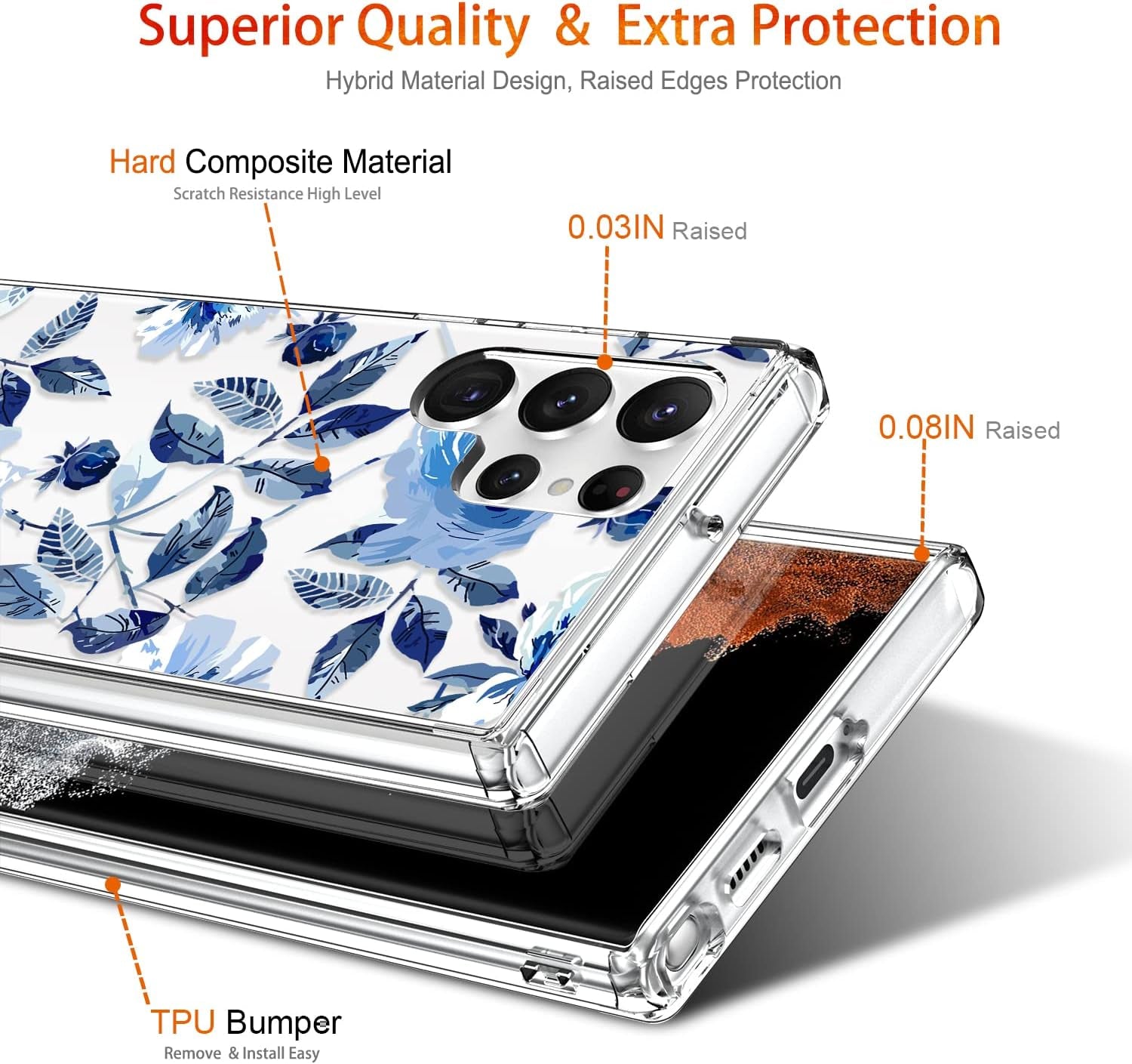 Giika for Galaxy S22 Ultra Case, Clear Girls Women Heavy Duty Shockproof Protective Hard Phone Cover Case for Samsung Galaxy S22 Ultra, Blue Flowers