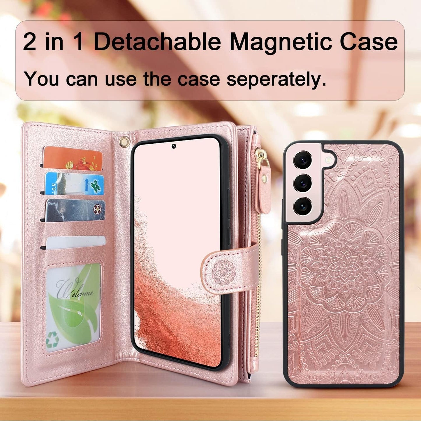 Harryshell Detachable Magnetic Zipper Wallet Leather Case with Cash Coin Pocket 12 Card Slots Holder Wrist Strap Lanyard for Samsung Galaxy S22+ S22 plus 5G 6.6 Inch (2022) Flower (Rose Gold)