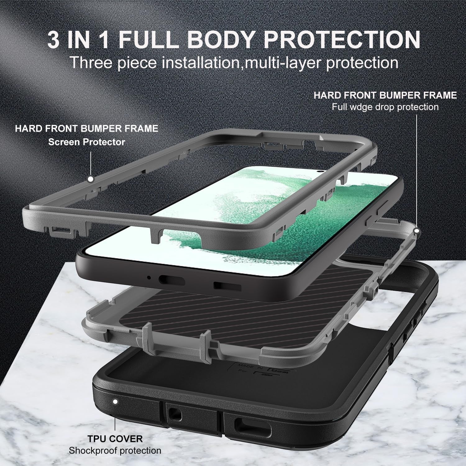 For Samsung Galaxy S22 plus Case, with 2Pcs [Self Healing Flexible TPU Screen Protector & Camera Lens Protector] Military Grade 3 in 1 Heavy Duty Case for Galaxy S22 plus 5G (Black/Grey)