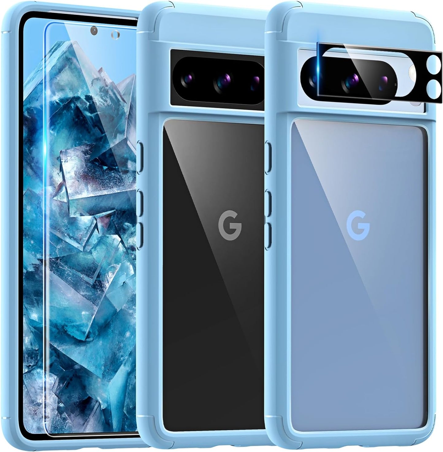 TAURI for Google Pixel 8 Pro Case, [5 in 1] 1X Clear Case [Not-Yellowing] with 2X Screen Protector + 2X Camera Lens Protector, [Military Grade Protection] Slim Case for Pixel 8 Pro  TAURI Light Blue For Pixel 8 Pro 6.7" 