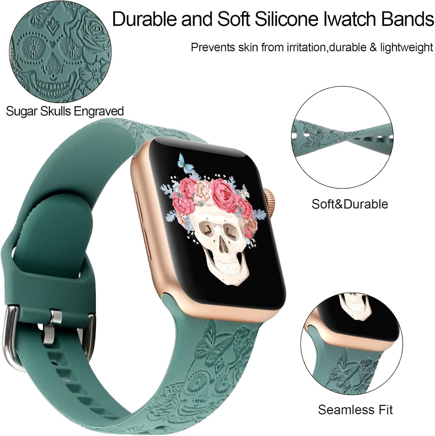Floral Engraved Design Sport Bands Compatible with Apple Watch Iwatch Bands 40Mm 38Mm 41Mm, Flower Pattern Laser Printed Soft Silicone Strap for Iwatch Series 7-1 & SE