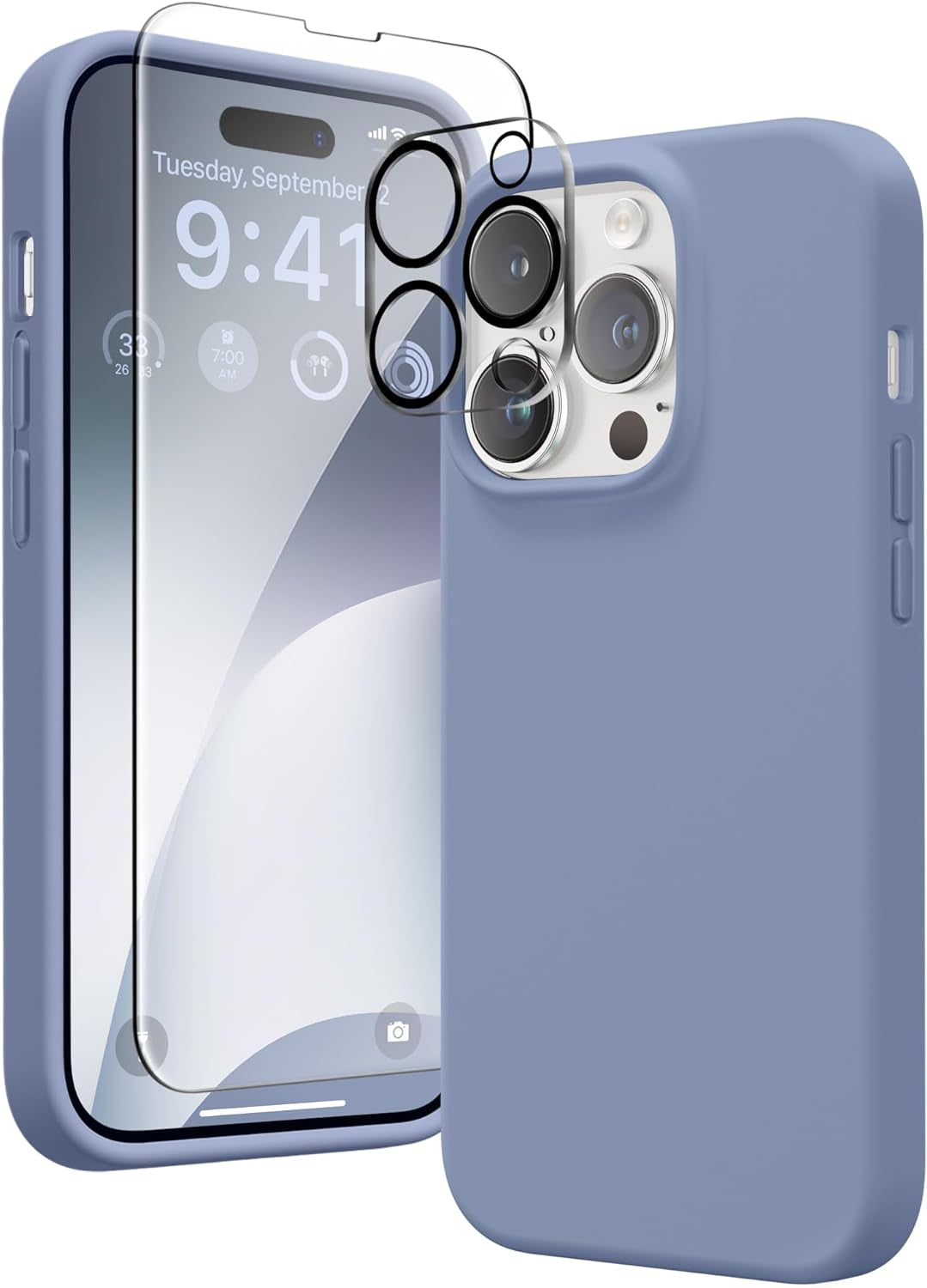 GONEZ for Iphone 14 Pro Case, with 2 Pack Screen Protector + 2 Pack Camera Lens Protector, Soft Anti-Scratch Microfiber Lining, Shockproof Protective Liquid Silicone Phone Cover 6.1'', Blue  GONEZ   