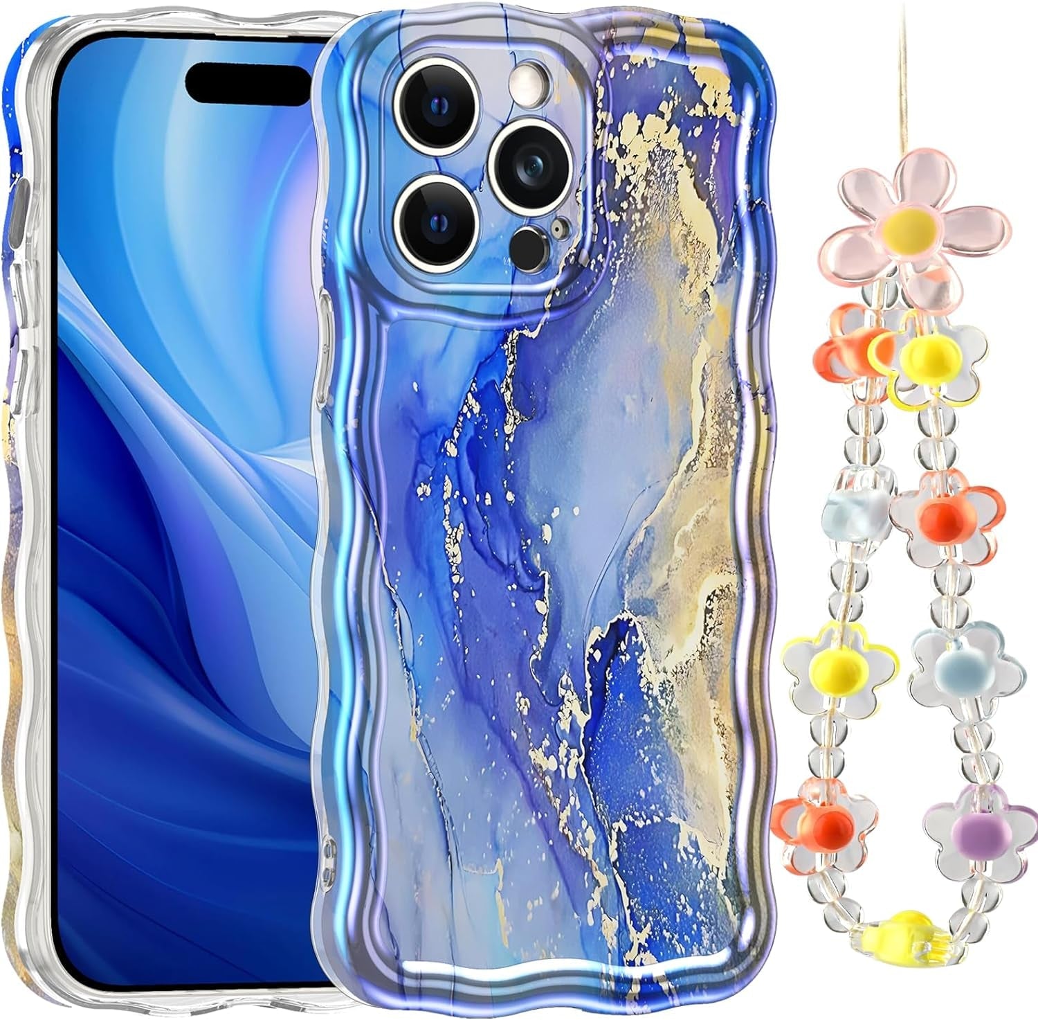 LONTECT for Iphone 14 Pro Max Case Shockproof Slim Full Body Protective Cute Curly Wave Border Camera Protection Cover+Flower Beads Chain Girls Women Case for Apple Iphone 14 Pro Max,Pink Butterfly  Lontect Blue Marble Apple Iphone 14 Pro Max 6.7" 