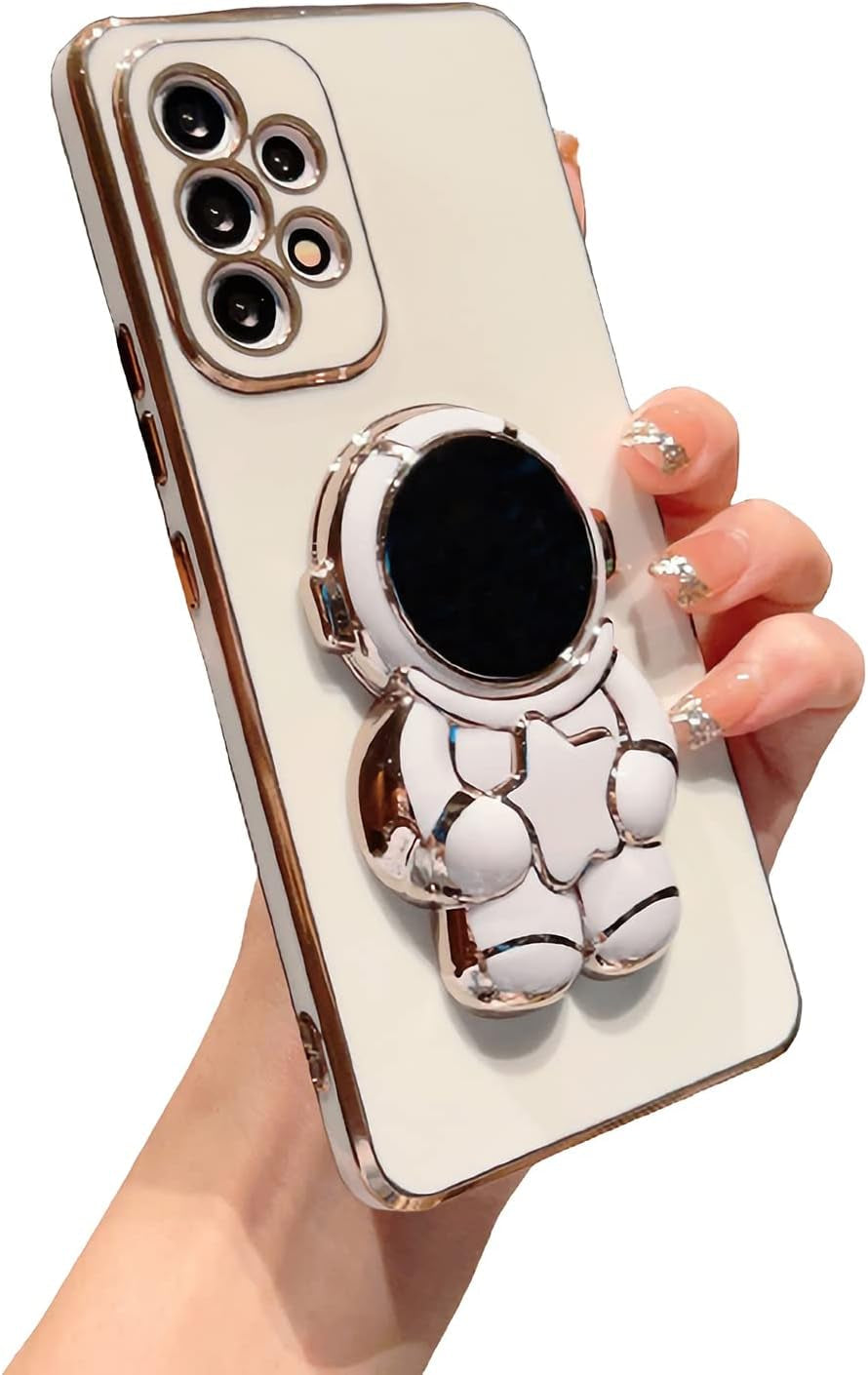 Compatible with Samsung Galaxy A53 5G Case, Plating Astronaut Hidden Stand Case Camera Len Protection Soft Silicone Shockproof Bumper Cute Case for Galaxy A53 6.5 Inch (White)