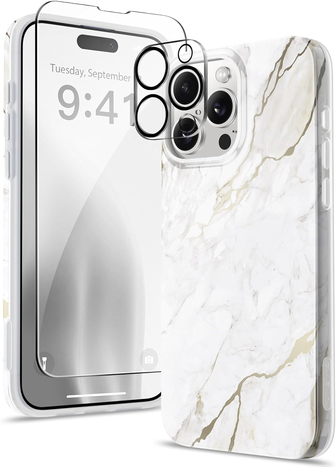 GVIEWIN for Iphone 15 Pro Case with Screen Protector+Camera Lens Protector, [Military Grade Drop Protection] Slim Marble Design Soft TPU Protective Phone Cover for 15 Pro 6.1" (Flowing Sand/Ink)  GVIEWIN   