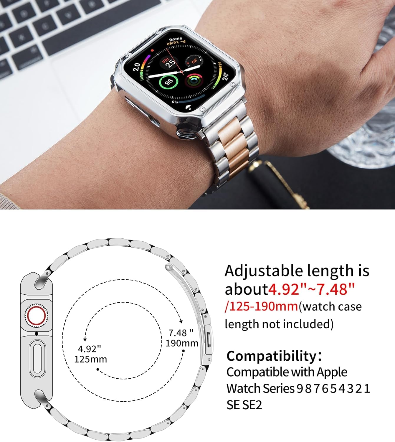 BINLUN Compatible with Apple Watch Band 45Mm 44Mm 42Mm 41Mm 40Mm 38Mm Matte Stainless Steel Metal Watch Strap with Polished TPU Watch Case Compatible with Iwatch Bands Series 9/8/7/SE2/SE/6/5/4/3/2/1