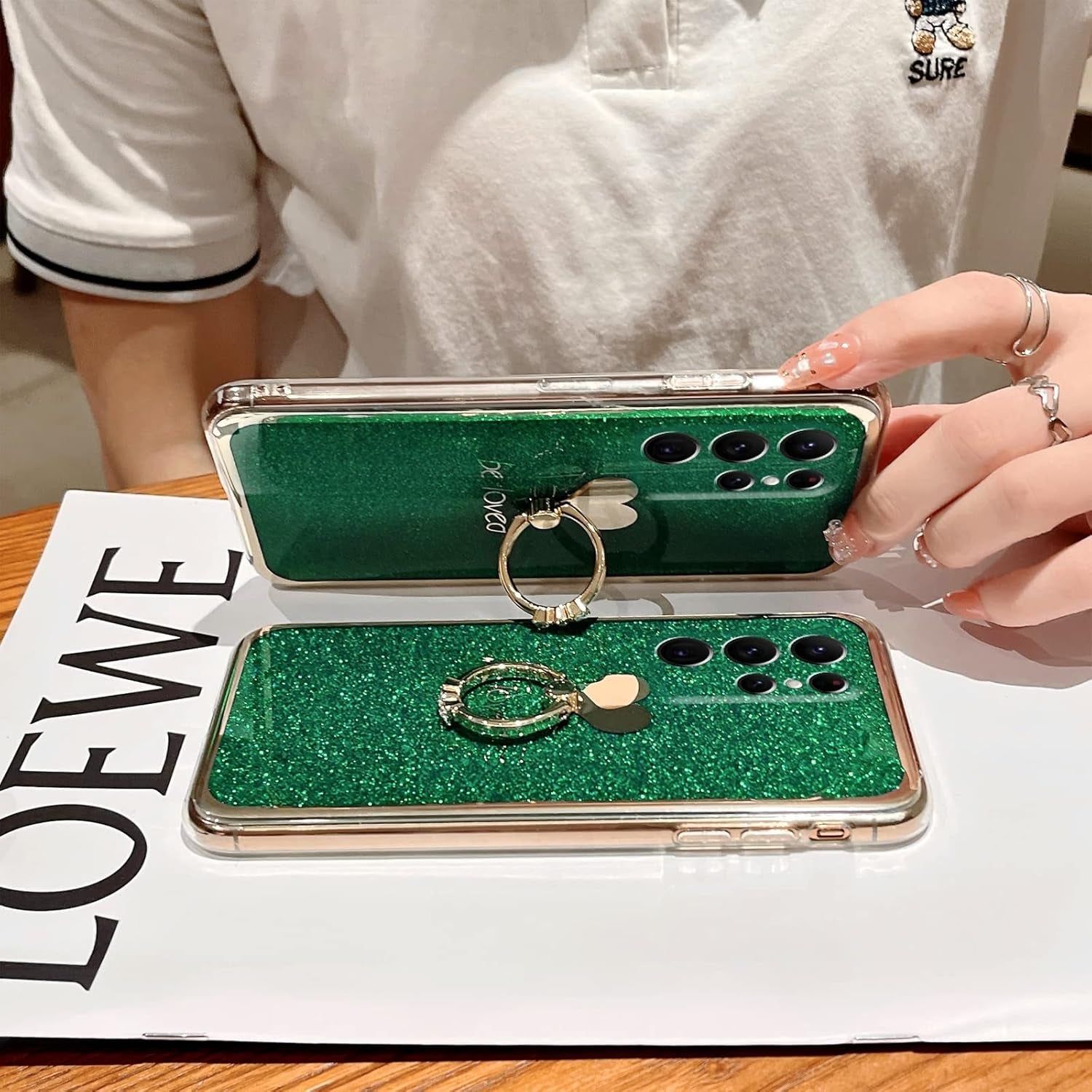 For Samsung Galaxy S22 Ultra Case (6.8-Inch) with Ring Kickstand Girls Woman Cute Glitter Slim Soft Silicone Bumper Shockproof Drop Protective Cover - Green