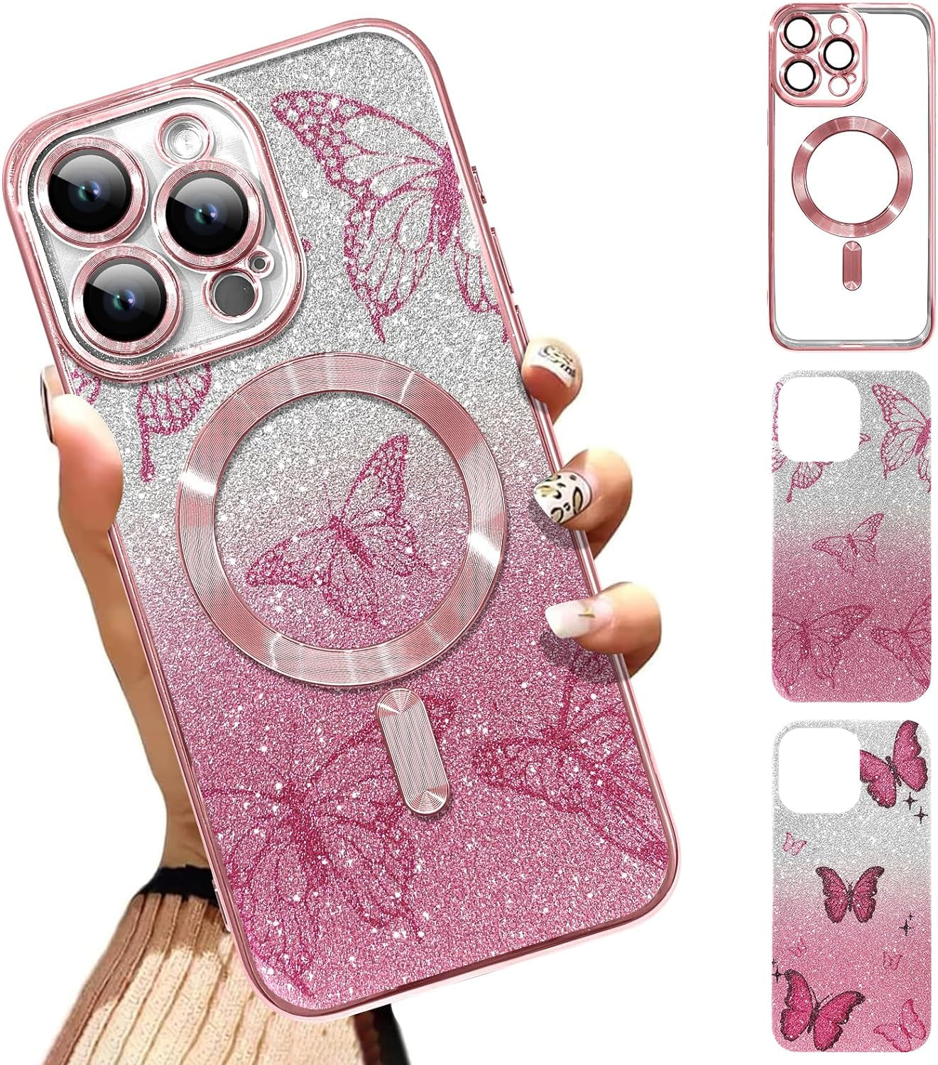Illians Case for Iphone 14 Pro Max (Compatible with Magsafe) Camera Lens Protector Glitter Bling Plating Case Shockproof Protection Anti-Scratch Iphone 14 Pro Max Case for Women Men - Blue  Illians Pink - Butterfly  