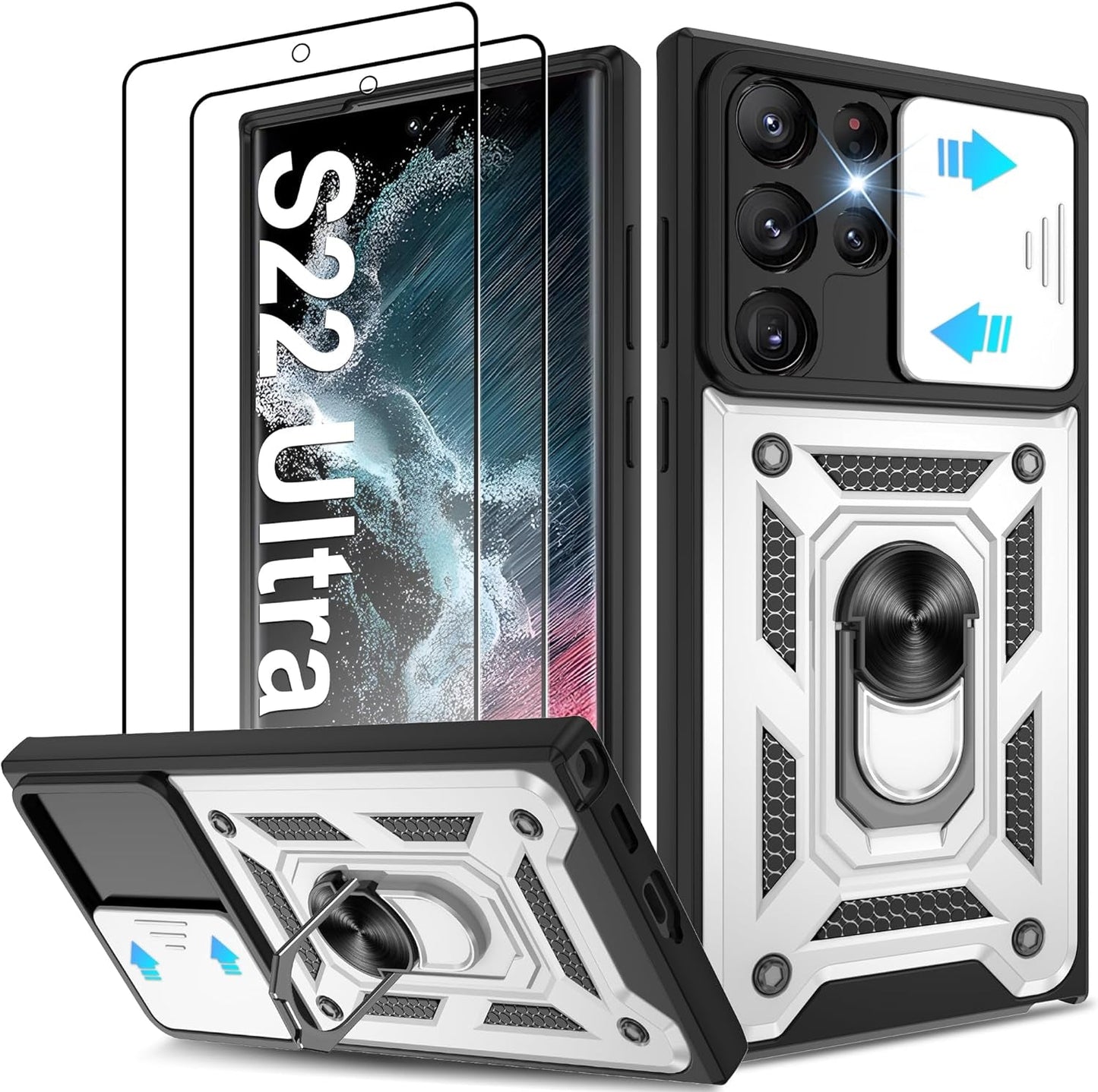 ATUMP for Samsung Galaxy S22 Ultra Case with (2 Pcs) HD Screen Protector, Heavy Duty Shockproof with 360° Rotation Metal Kickstand [Military Grade] Protective Case for S22 Ultra, Blue