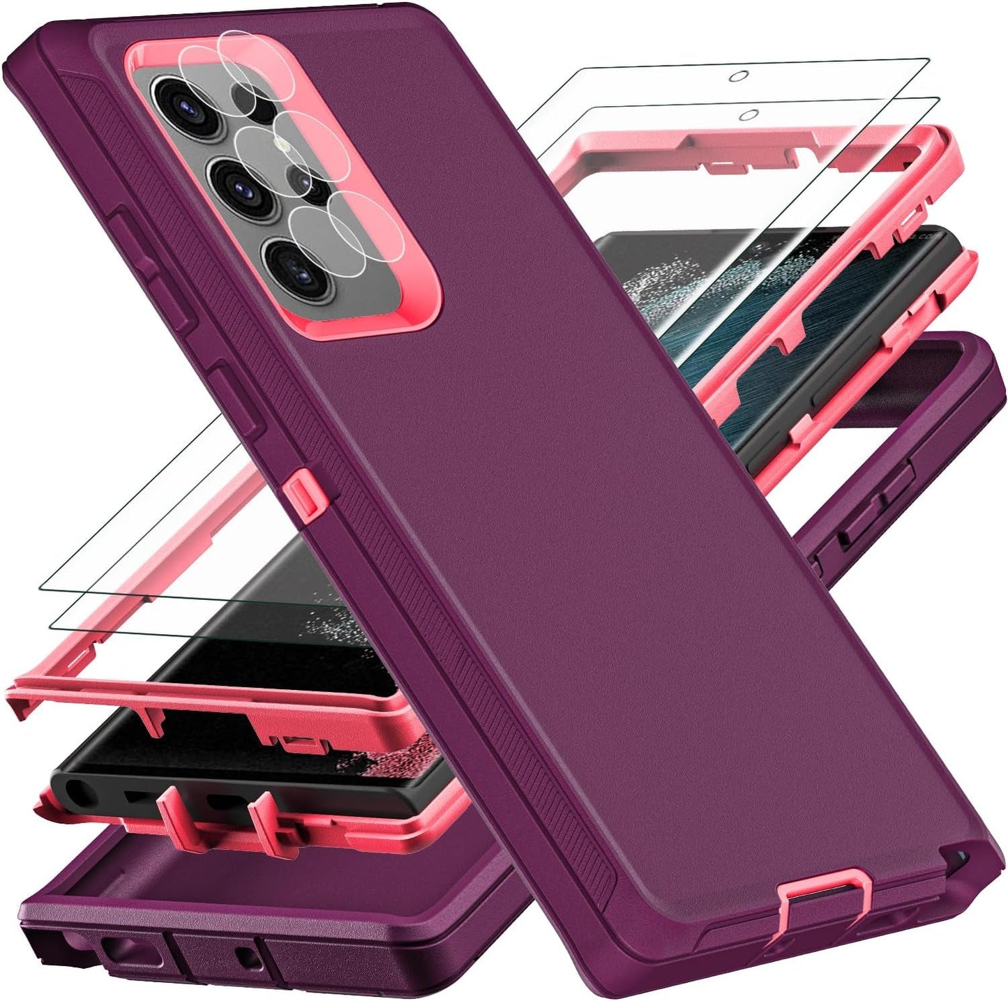 For Samsung Galaxy S22 Ultra Case, with 2Pcs [Self Healing Flexible TPU Screen Protector & Camera Lens Protector] Military Grade Heavy Duty Case for Galaxy S22 Ultra 5G (Aqua Blue/Pink)