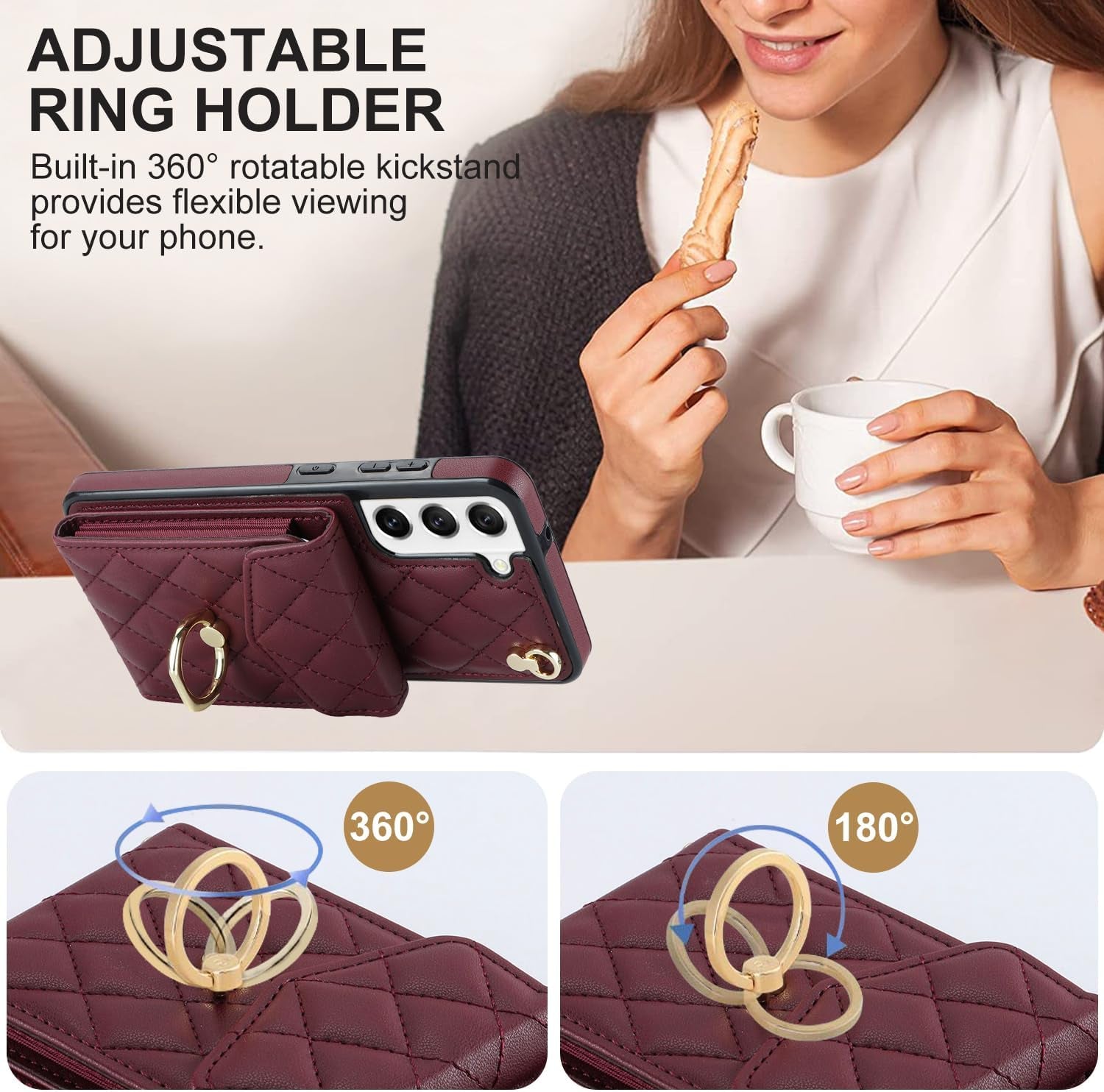 Asuwish Phone Case for Samsung Galaxy S22 plus S22+ 5G Wallet Cover with Tempered Glass Screen Protector and Crossbody Ring RFID Blocking Card Holder Cell S22+5G S22Plus 22S + S 22 22+ Women Wine Red