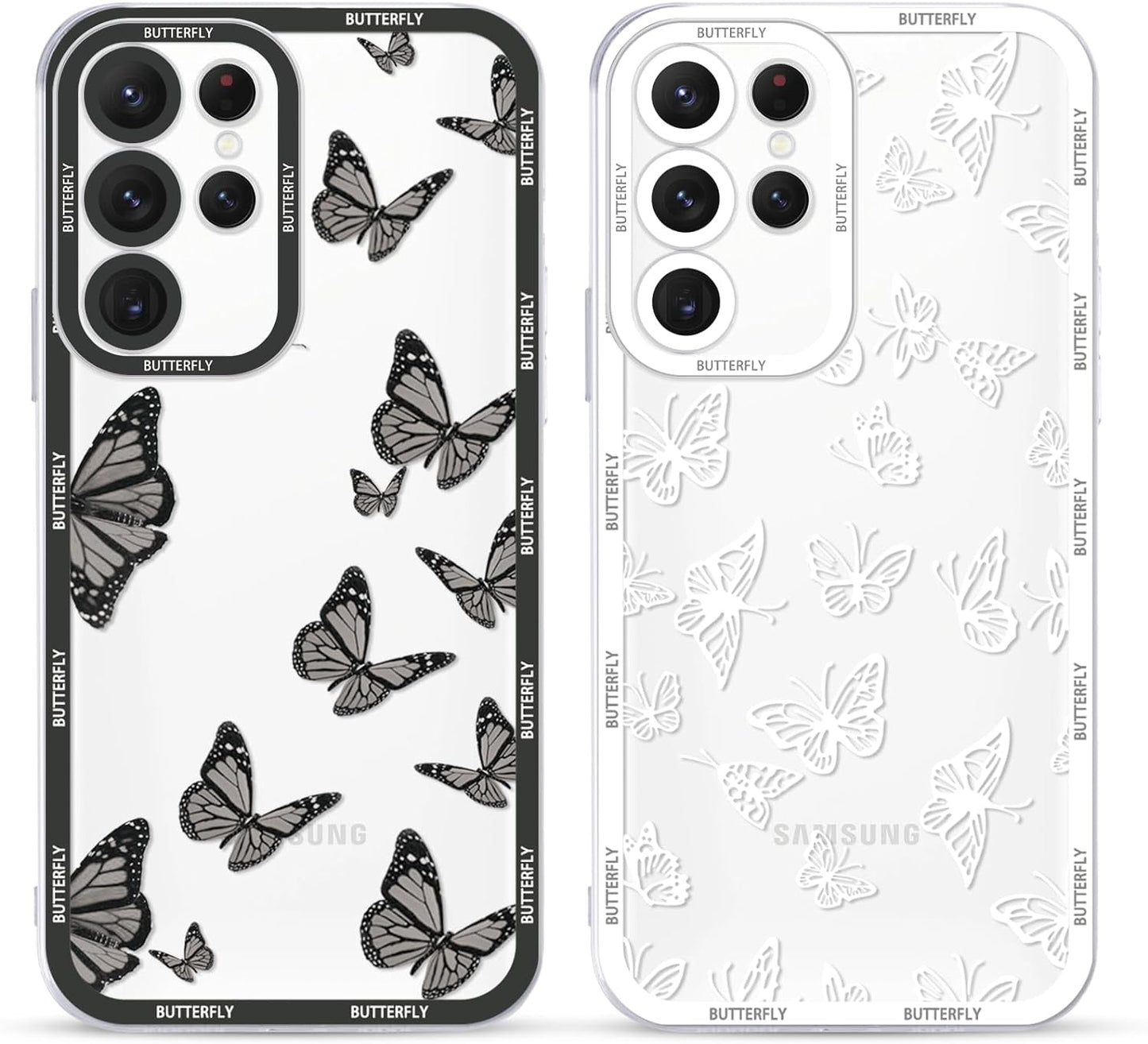 2 Pack Cute Clear Print for Samsung Galaxy A53 5G 6.5" Phone Case, Butterfly Aesthetic Transparent Cases Soft Silicone Slim TPU Shockproof Protective Cover for Women Girls-Butterflies