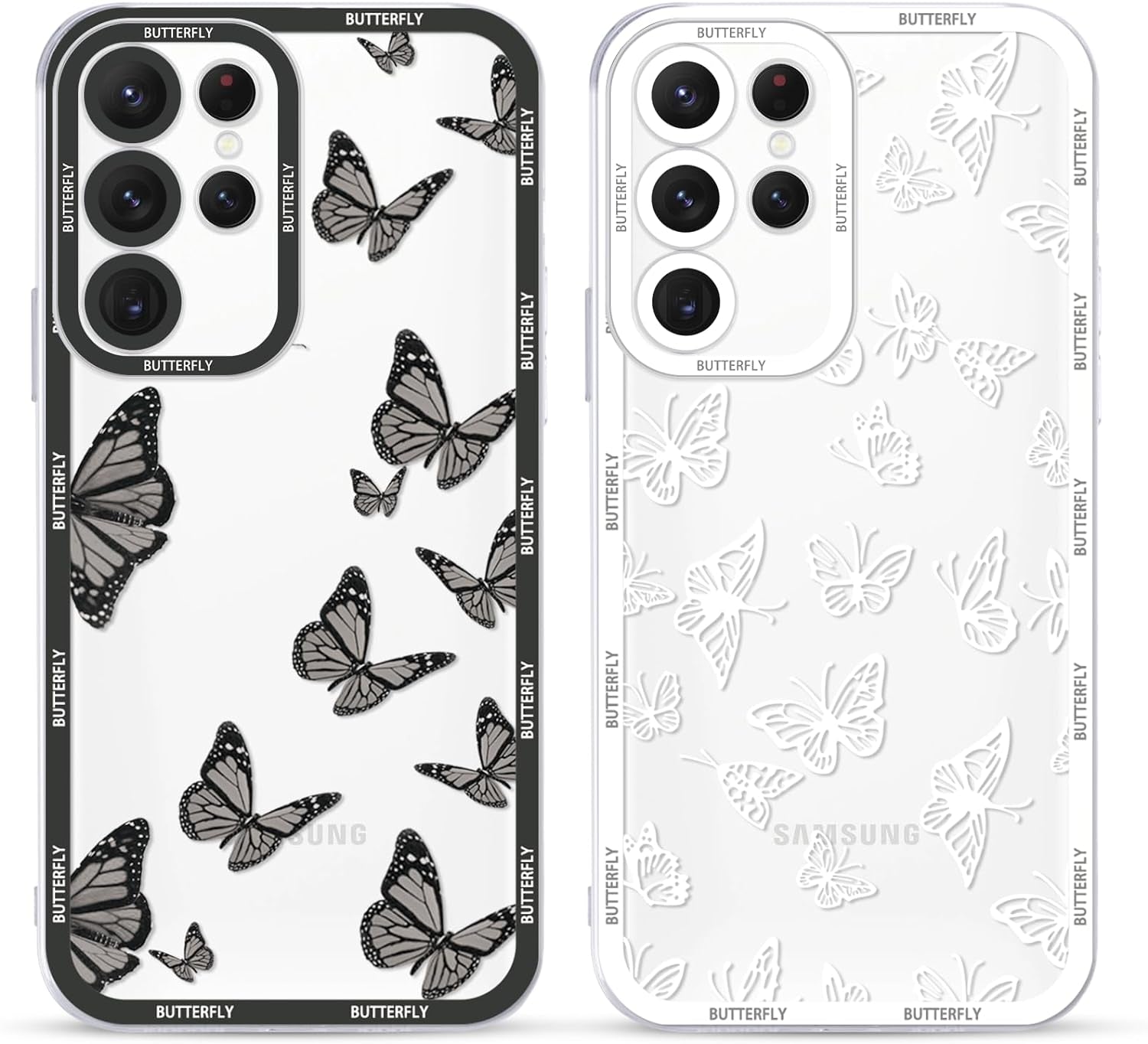 2 Pack Cute Clear Print for Samsung Galaxy A53 5G 6.5" Phone Case, Butterfly Aesthetic Transparent Cases Soft Silicone Slim TPU Shockproof Protective Cover for Women Girls-Butterflies