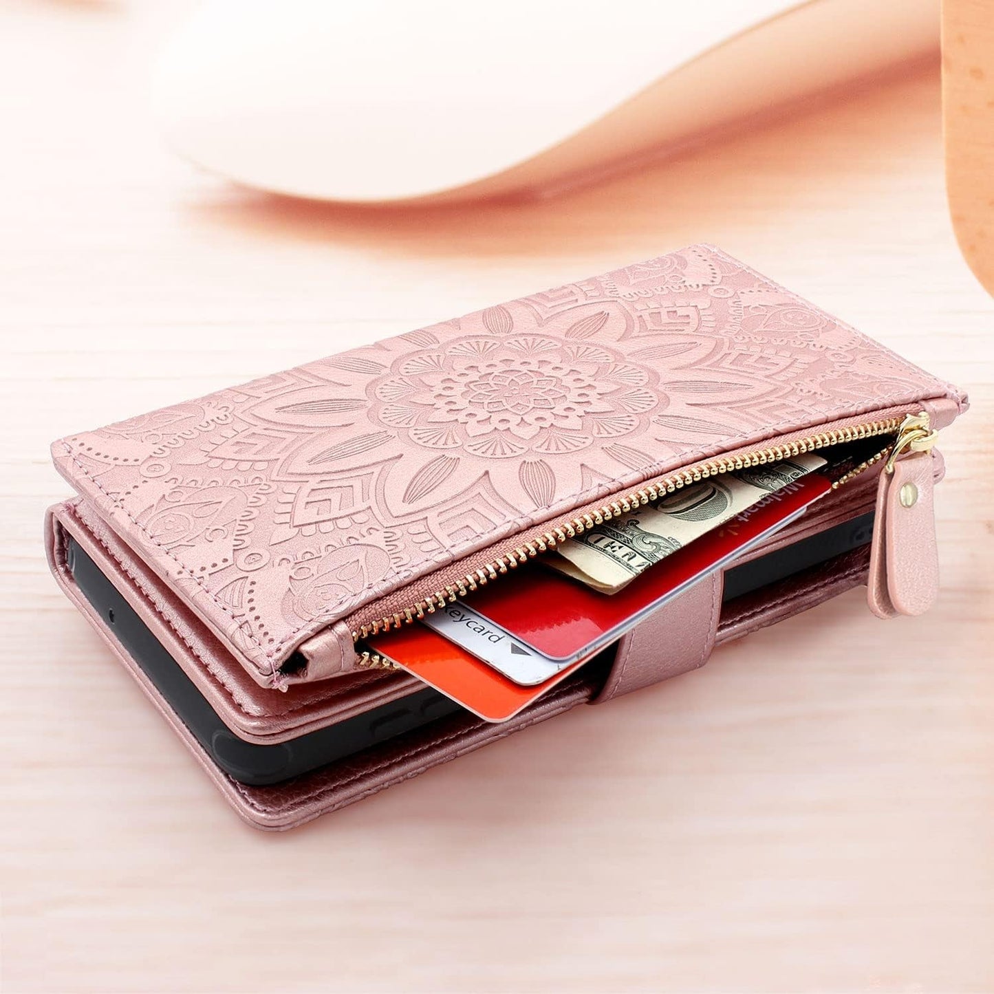 Harryshell Detachable Magnetic Zipper Wallet Leather Case with Cash Coin Pocket 12 Card Slots Holder Wrist Strap Lanyard for Samsung Galaxy S22+ S22 plus 5G 6.6 Inch (2022) Flower (Rose Gold)