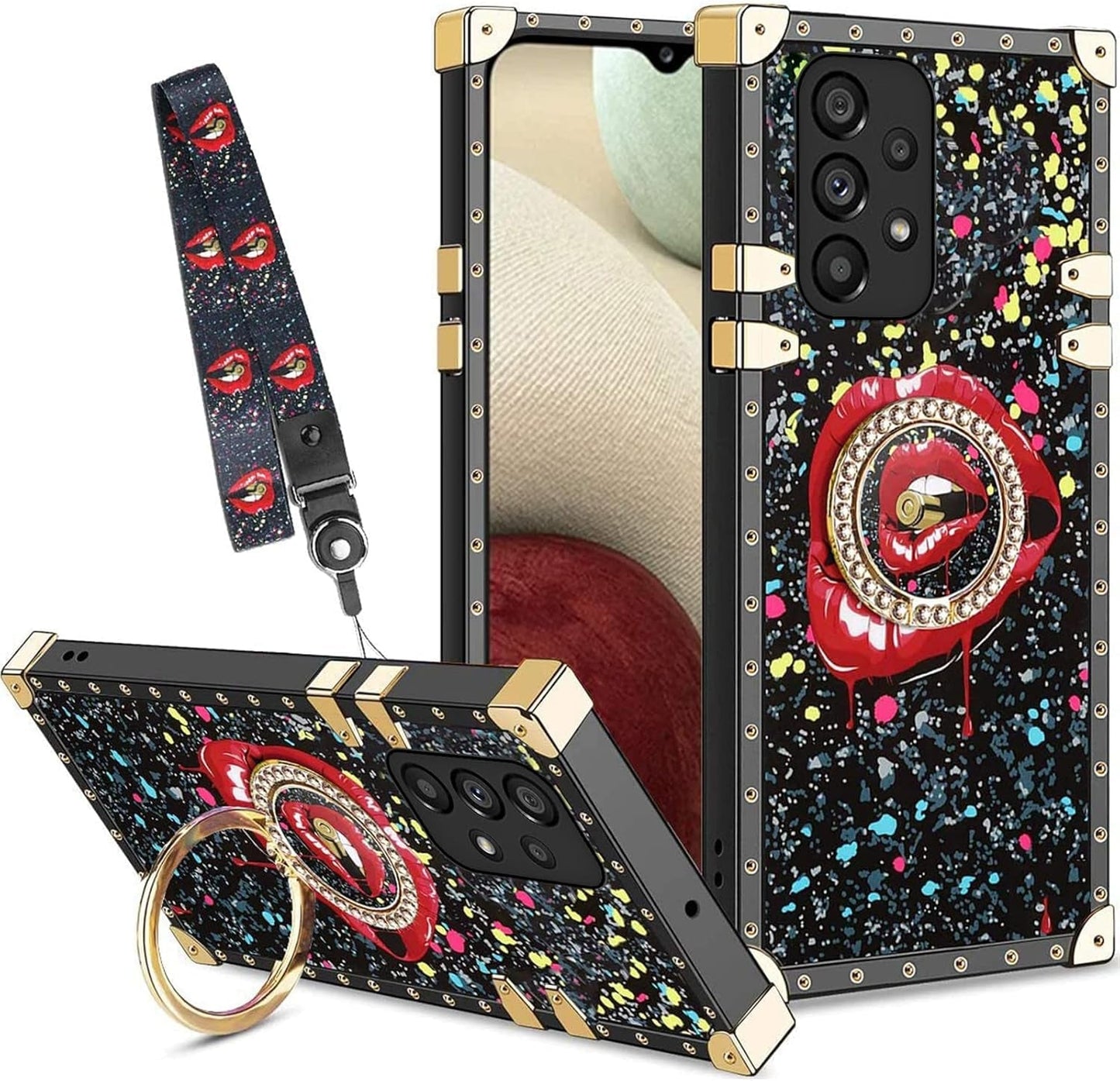 For A53 5G Case, Samsung A53 Case Square Rivet for Girls Women Crystal Shockproof Protection with Kickstand Cute Lanyard Square Retro Elegant Slim Soft Tpu Cover for Galaxy A53 5G(Black Lips)