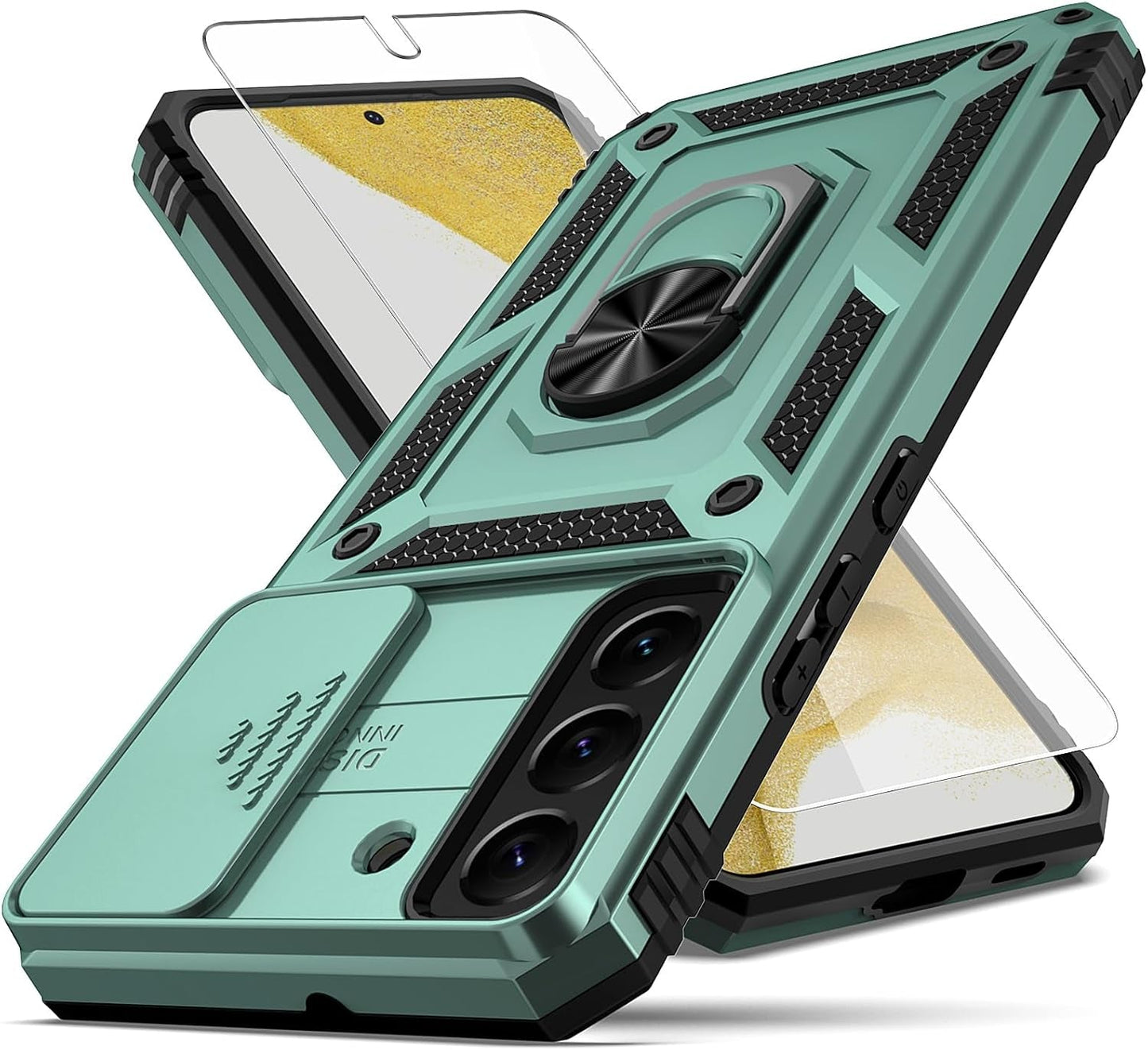 For Samsung Galaxy S22 plus Case,With Camera Lens Cover HD Screen Protector,[Military Grade] Ring Car Mount Kickstand Hybrid Hard PC Soft TPU Shockproof Protective Case for Galaxy S22 Plus, Green