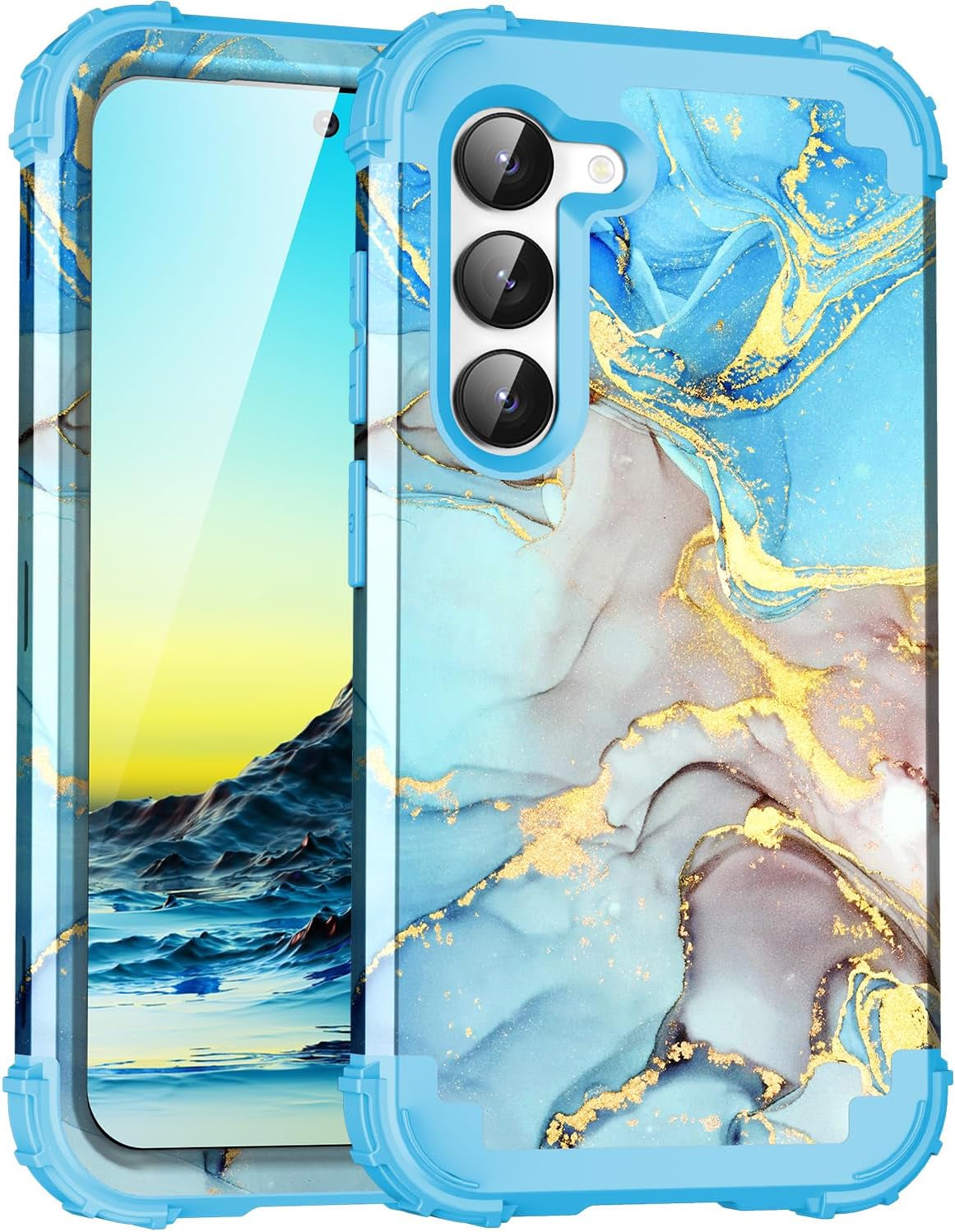 For Galacy S20 FE 5G Case,Marble Design Three Layer Heavy Duty Shockproof Protection Hard Plastic Bumper Soft Silicone Rubber Drop Protective Cover Case for Galaxy S20 FE 6.5 Inch,(Blue)