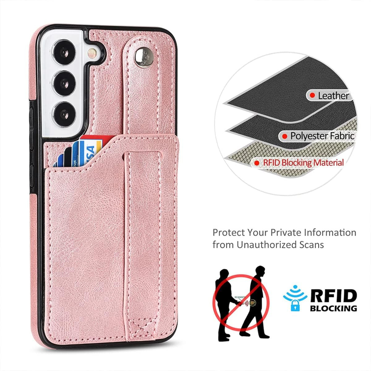Design for Samsung Galaxy S22 plus 5G Phone Case with Screen Protector Adjustable Wrist Strap Kickstand Credit Card Slot Slim Shockproof Hybrid Rugged Protective Cover for Women 6.6" Rose Gold