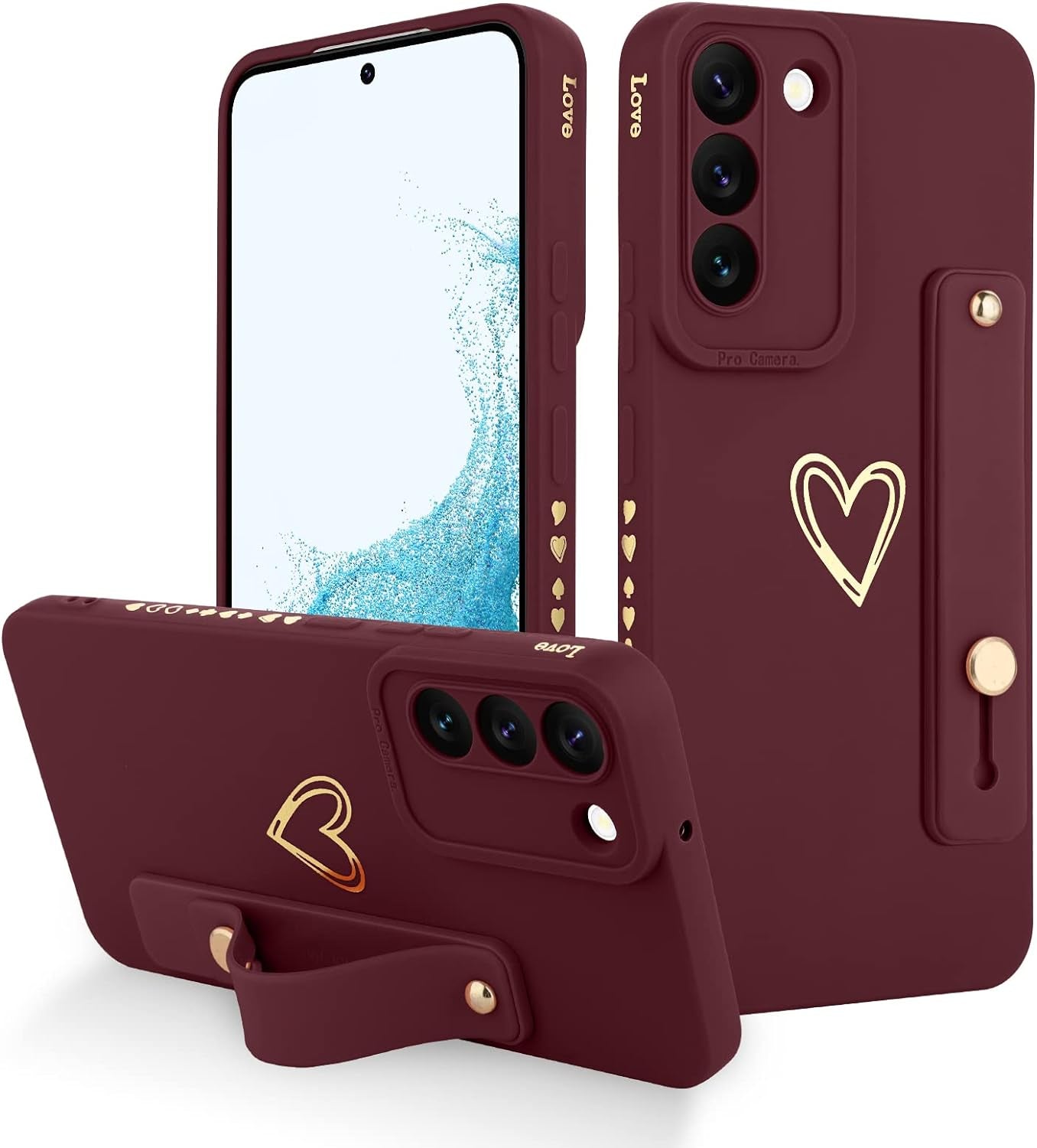 Fiyart Designed for Galaxy S22 plus 5G Case with Phone Stand Holder Cute Love Hearts Pattern Slim Protective Camera Protection Cover with Wrist Strap for Women Girls for S22 plus 5G 6.6"-Dark Blue
