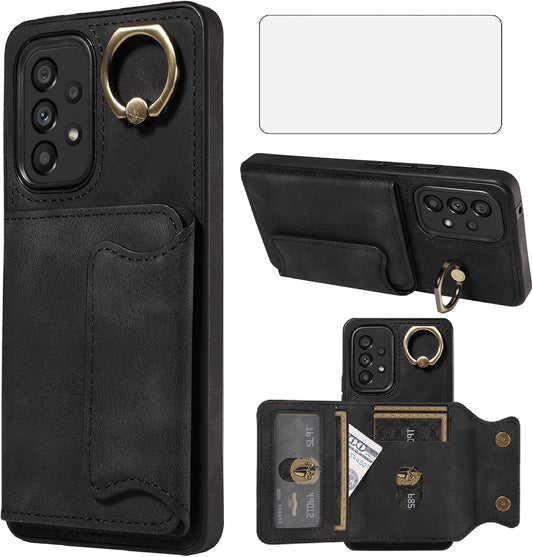 Asuwish Phone Case for Samsung Galaxy A53 5G Wallet Cover with Tempered Glass Screen Protector and Ring Stand Credit Card Holder Slot Leather Cell a 53 G5 53A SM A536U 6.5" 2022 Women Girls Men Black