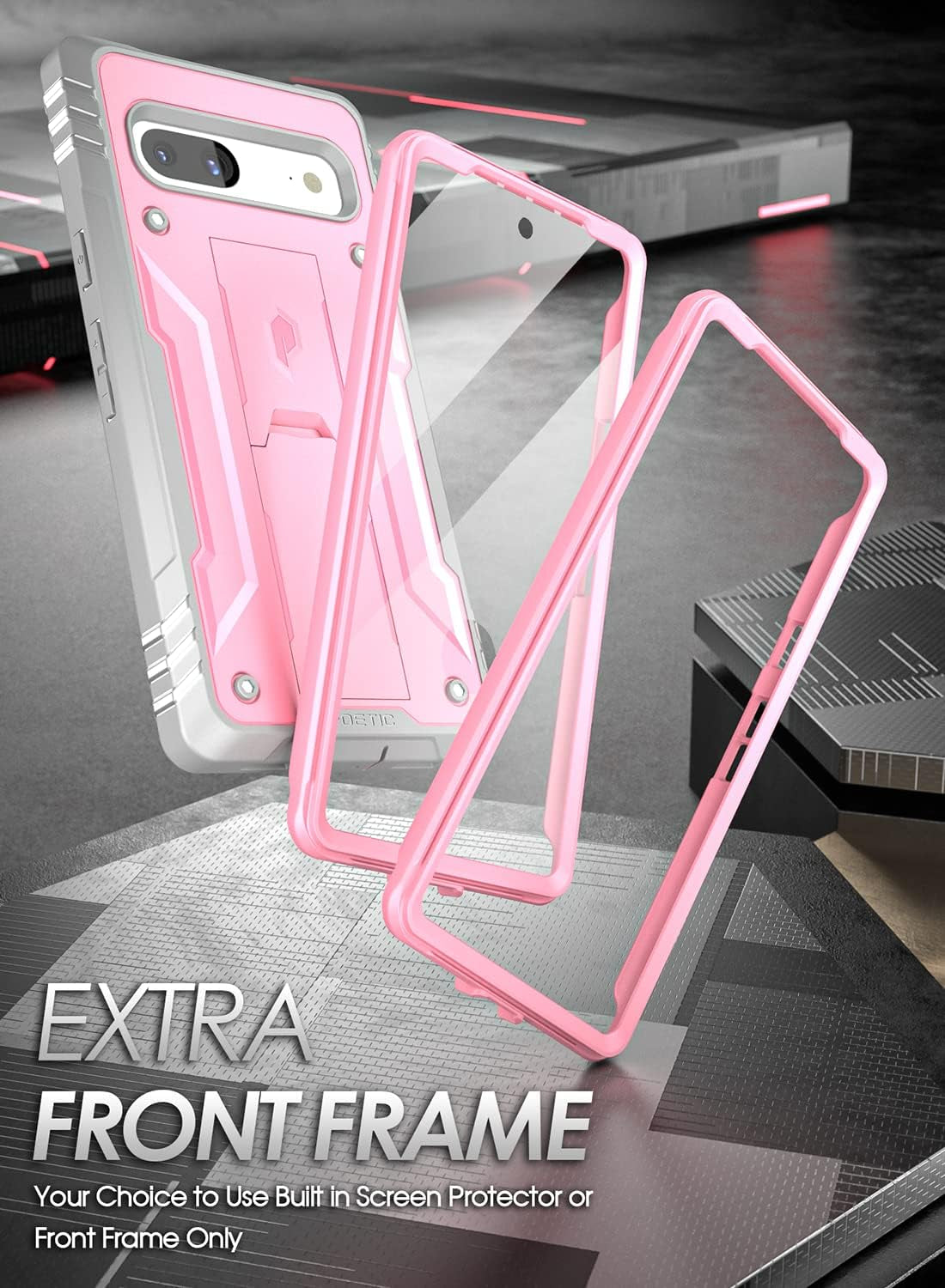 Poetic Revolution Case for Google Pixel 7A 5G, Built-In Screen Protector Work with Fingerprint ID, Full Body Rugged Shockproof Protective Cover Case with Kickstand, Light Pink  Poetic   