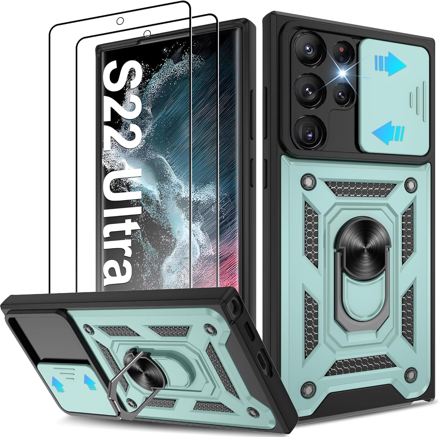 ATUMP for Samsung Galaxy S22 Ultra Case with (2 Pcs) HD Screen Protector, Heavy Duty Shockproof with 360° Rotation Metal Kickstand [Military Grade] Protective Case for S22 Ultra, Blue