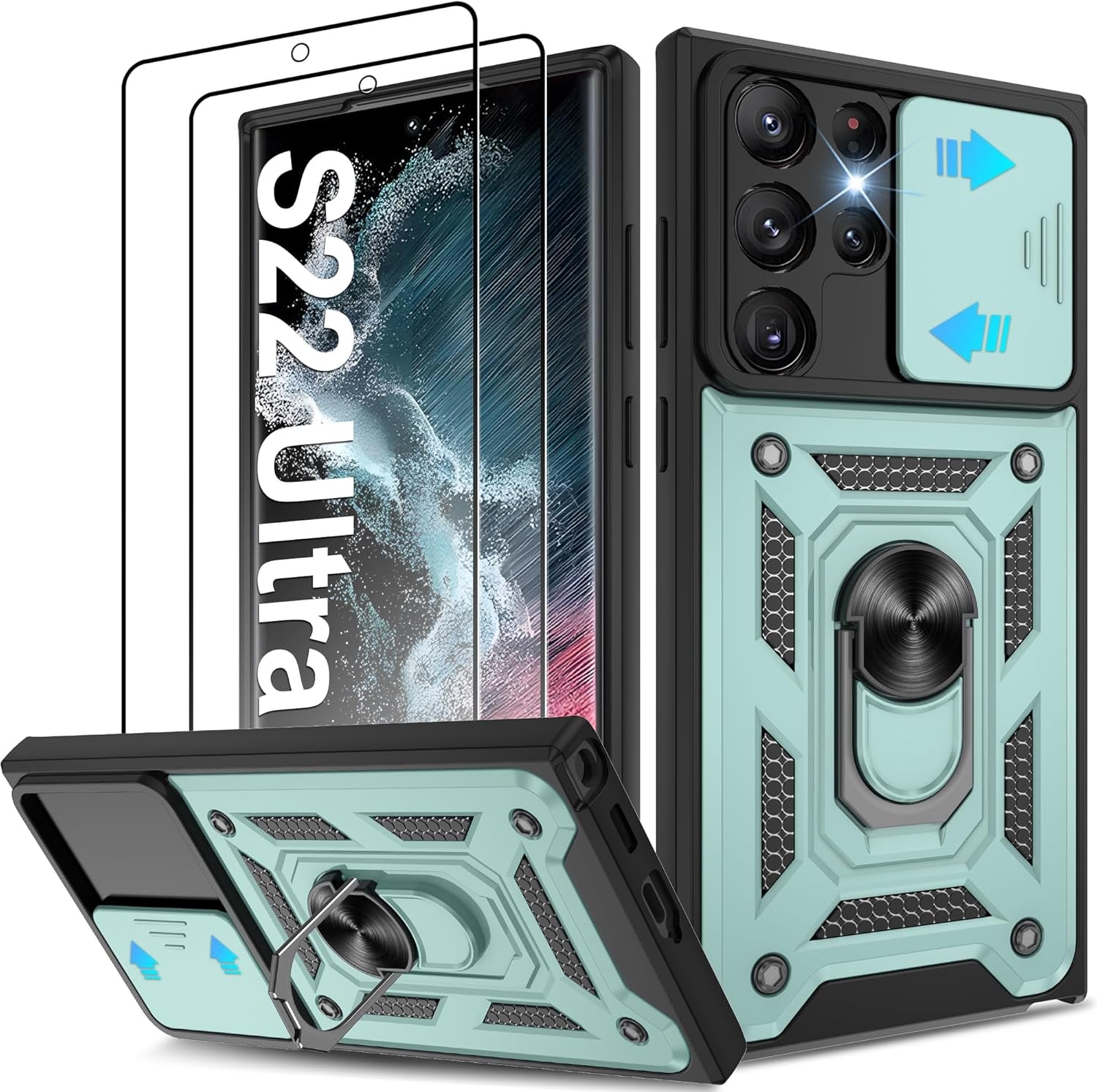 ATUMP for Samsung Galaxy S22 Ultra Case with (2 Pcs) HD Screen Protector, Heavy Duty Shockproof with 360° Rotation Metal Kickstand [Military Grade] Protective Case for S22 Ultra, Blue