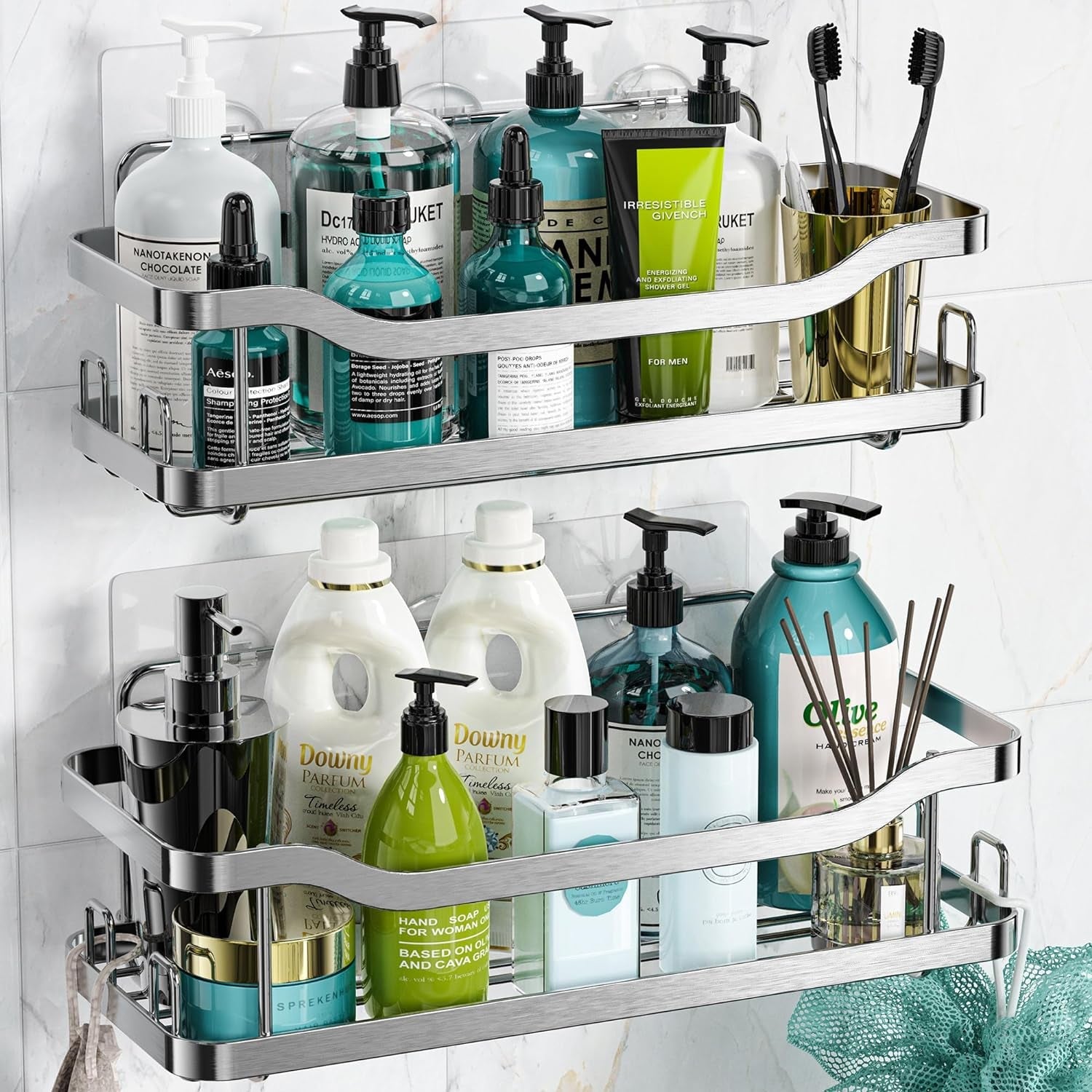 OMAIRA Shower Caddy, 2-Pack Adhesive Shower Organizer, No Drilling Rustproof 304 Stainless Steel Shower Shelves for inside Shower & Bathroom Organizer, Matte Black(X-Large)  OMAIRA   