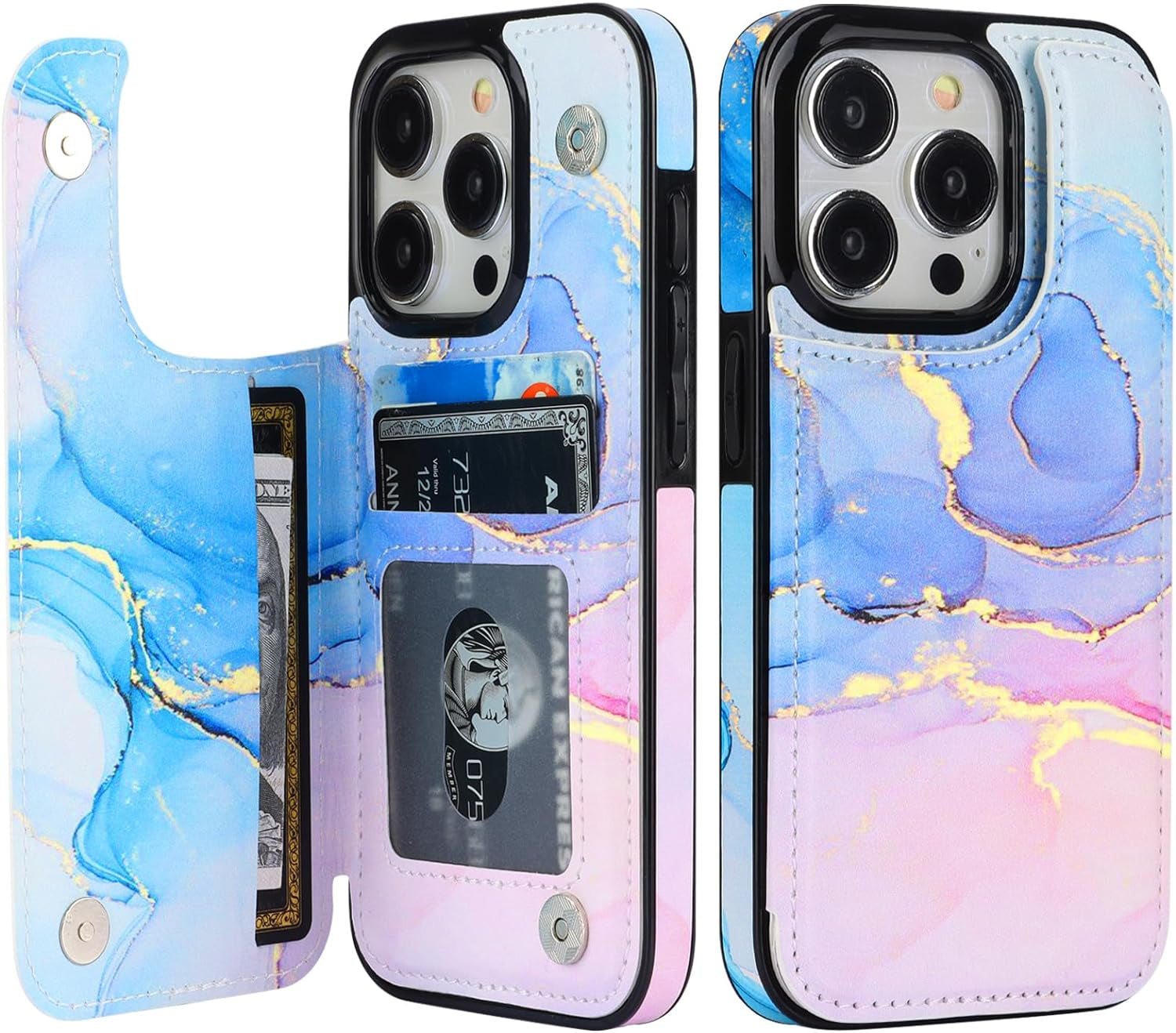 HAOPINSH for Iphone 15 Pro Wallet Case with Card Holder, Blooming Sunflowers Pattern Back Flip Folio PU Leather Kickstand Card Slots Case for Women Girls, Double Magnetic Clasp Cover 6.1"  HAOPINSH Pink Blue Marble  