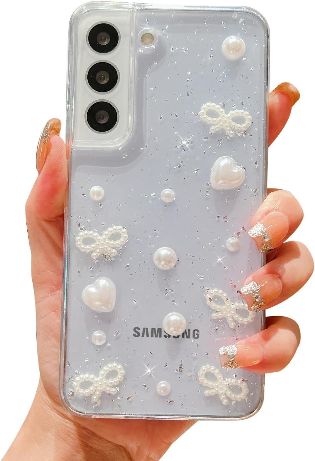 For Samsung Galaxy S21 Ultra Clear Case Cute 3D Pearl Bow Knots Heart with Design Aesthetic Women Phone Case for Girls, Glitter Sparkle Back Shockproof Soft TPU Bumper Cover