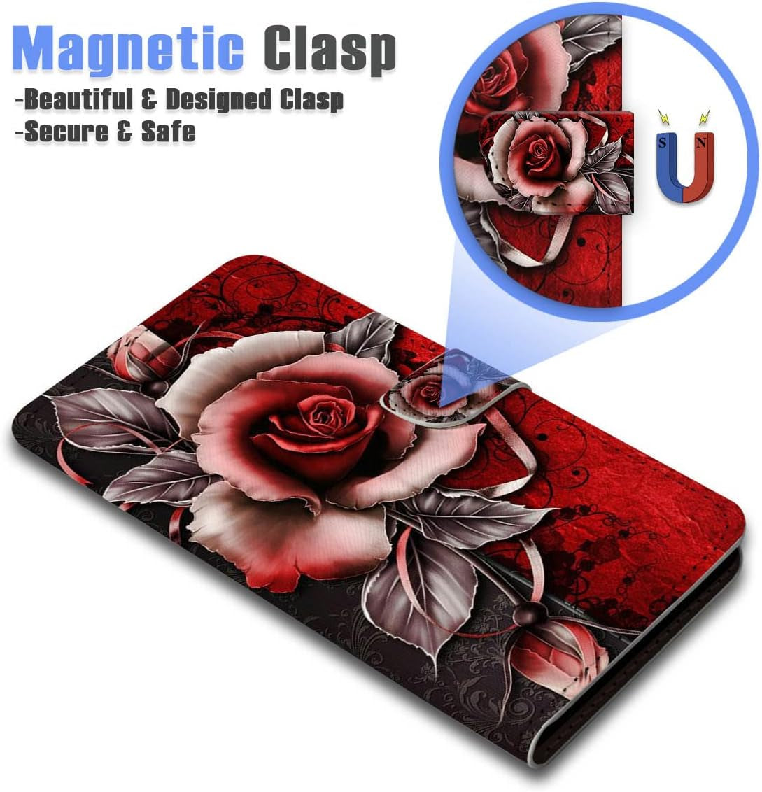 For Samsung S22+, Samsung Galaxy S22 Plus, Art Designed Flip Wallet Style Cover Case Flower Butterfly Dragonfly Full Body Protection AD003 (#24878 Red Gothic Rose S22+)