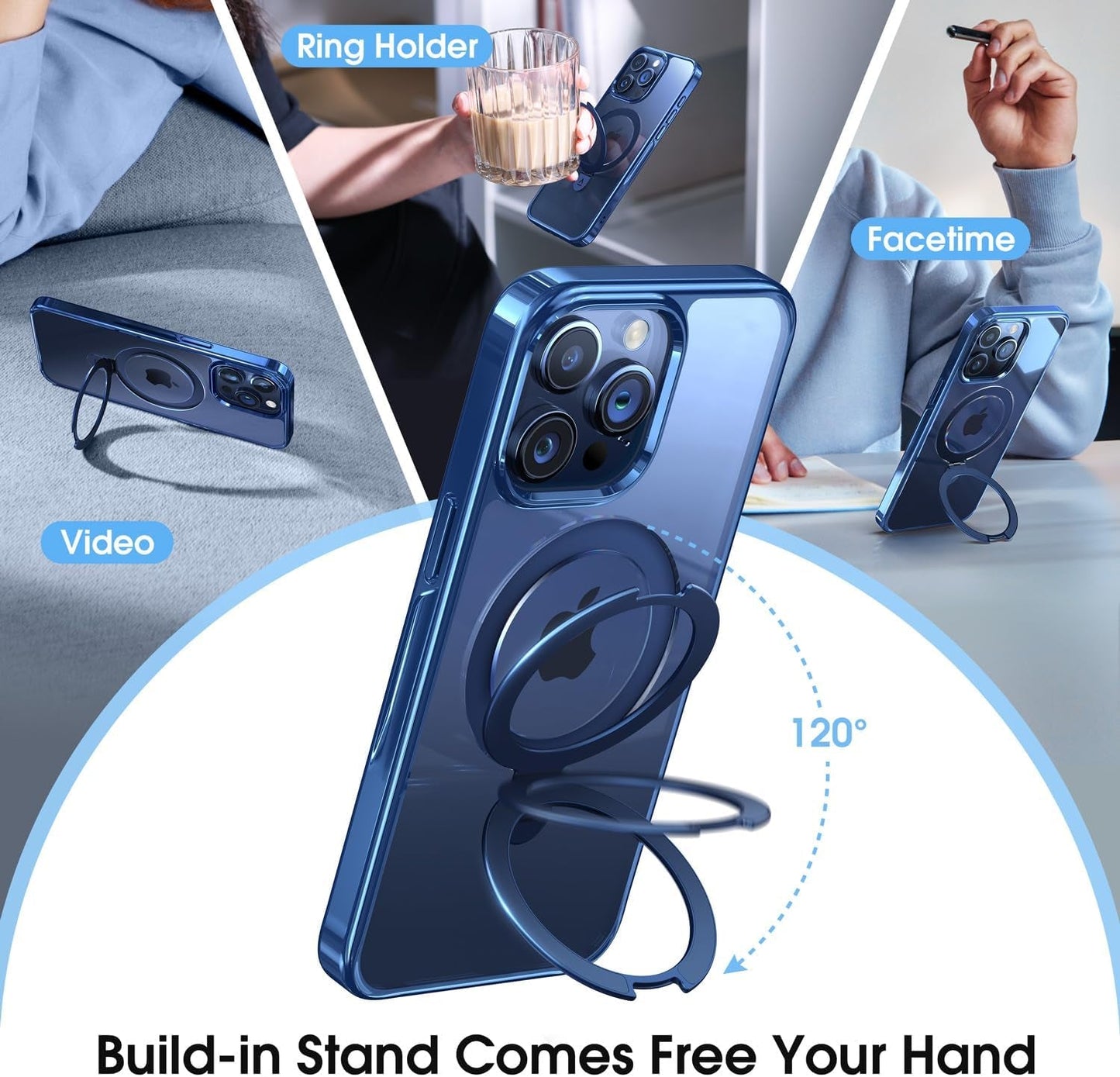 Alphex Titanium Magnetic Stand Case for Iphone 15 Pro, A-Blue Titanium, 3X Military Grade Protection, Shockproof Slim Phone Ring Cover, 6.1 Inch  Alphex   