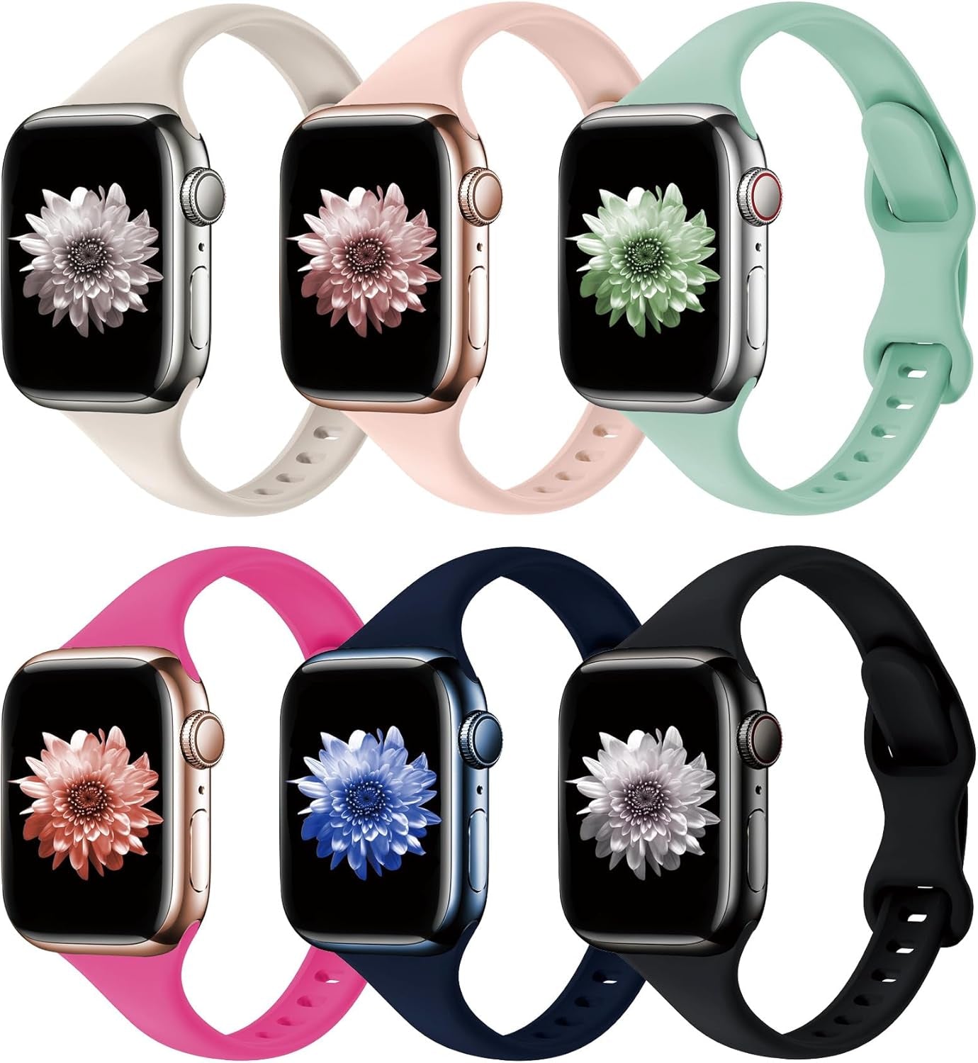 6 Pack Bands for Apple Watch Band 41Mm 40Mm 38Mm 44Mm 45Mm 42Mm 49Mm Ultra 2 Women Men Slim Thin Narrow Silicone Soft Sport Strap Wristband for Iwatch Series 9/8/7/SE/6/5/4/3/2/1