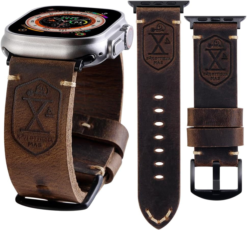 Band Compatible with Apple Watch Ultra 2/1 49Mm 45Mm 44Mm 42Mm 41Mm 40Mm 38Mm Series 9/8/SE/7/6/5/4/3/2, Vintage Leather Iwatch Strap for Men Women