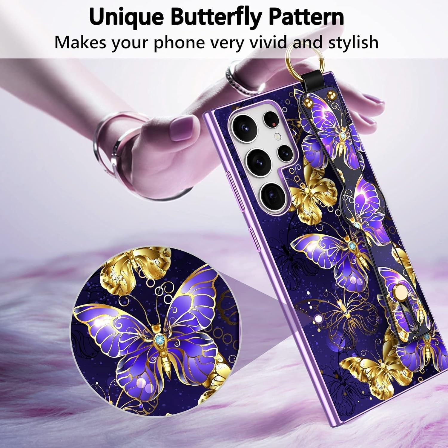 DUEDUE for Samsung Galaxy S22 Ultra Case, Glow in the Dark Butterfly Slim Cover with Hand Strap Hybrid Hard PC anti Slip Shockproof Full Protective Phone Case for Galaxy S22 Ultra 6.8", Purple