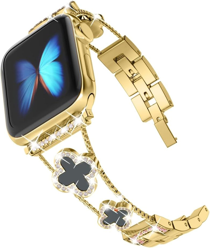 Diamond Metal Band Adds Sparkle to Your Watch - Compatible with Apple Watch Series 8/7/6/5/4/3/2/1Se/Ultra - Clover Is Simple and Stylish, Fits Women'S Sizes 38Mm 40Mm 41Mm 42Mm 44Mm 45Mm 49Mm.(Gold/Black, 42Mm/44Mm/45Mm)