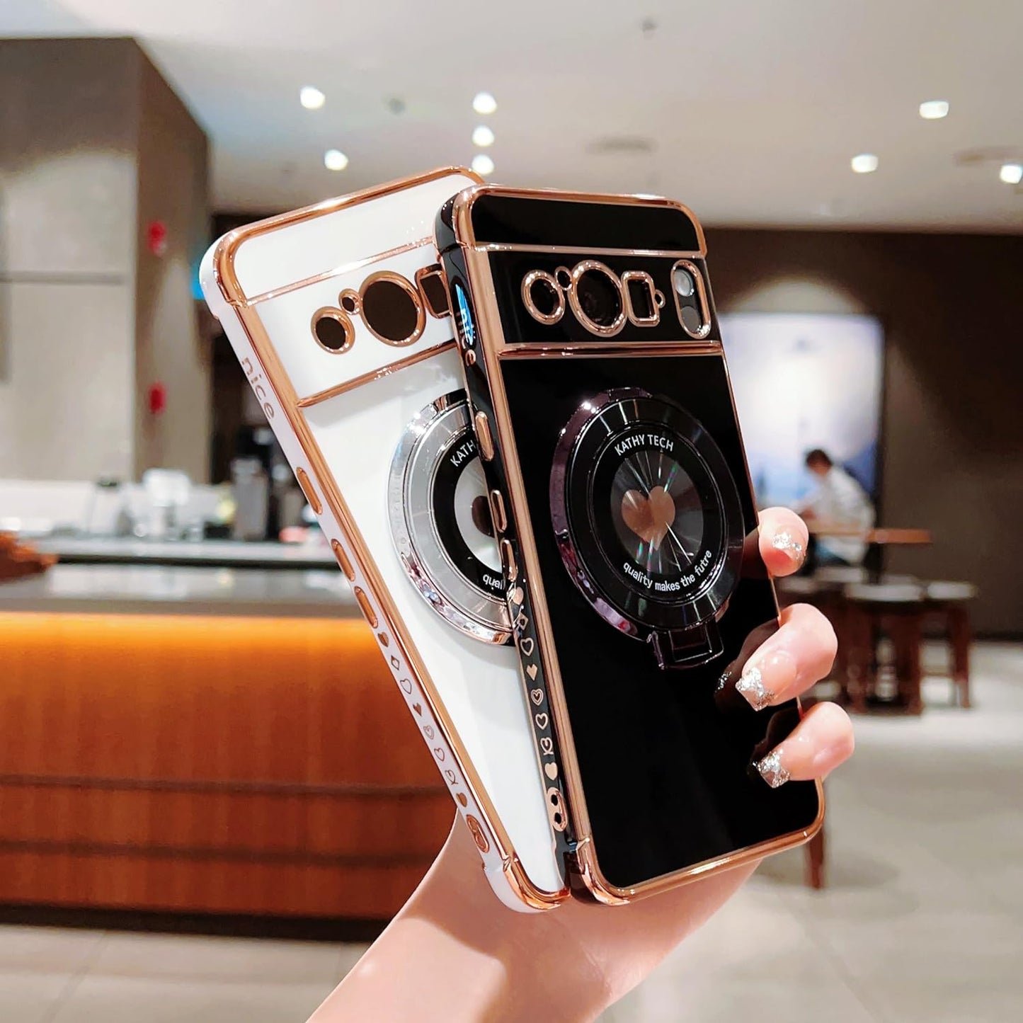 Phylla for Google Pixel 8 Pro 5G 6.7" Phone Case with Magsafe,Luxury Plated Cute Love Heart Cover with Magnetic Stand Holder Side Small Hearts Pattern Soft Shockproof Kickstand Bumper for Women-Black  PHYLLA\1   