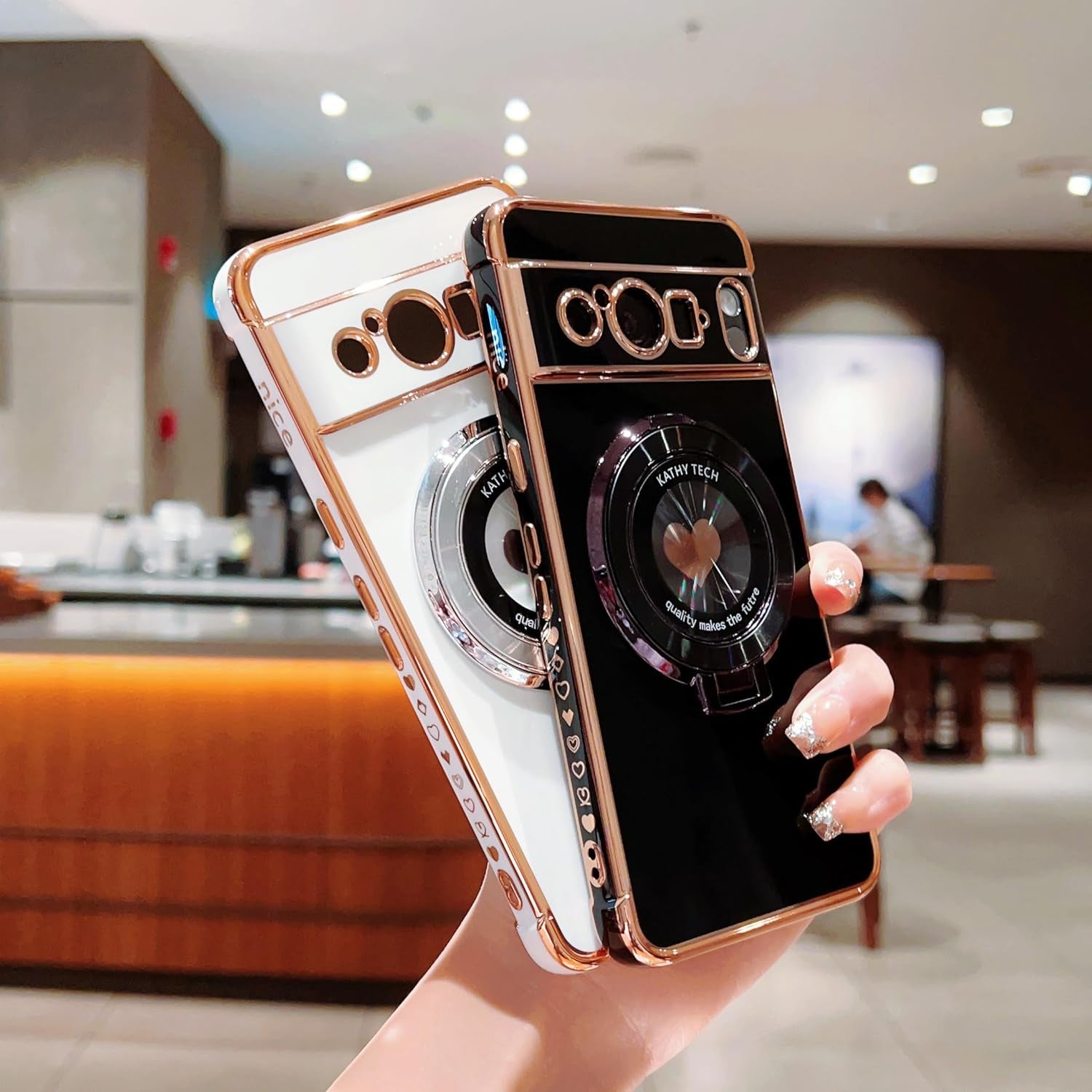 Phylla for Google Pixel 8 Pro 5G 6.7" Phone Case with Magsafe,Luxury Plated Cute Love Heart Cover with Magnetic Stand Holder Side Small Hearts Pattern Soft Shockproof Kickstand Bumper for Women-Black  PHYLLA\1   