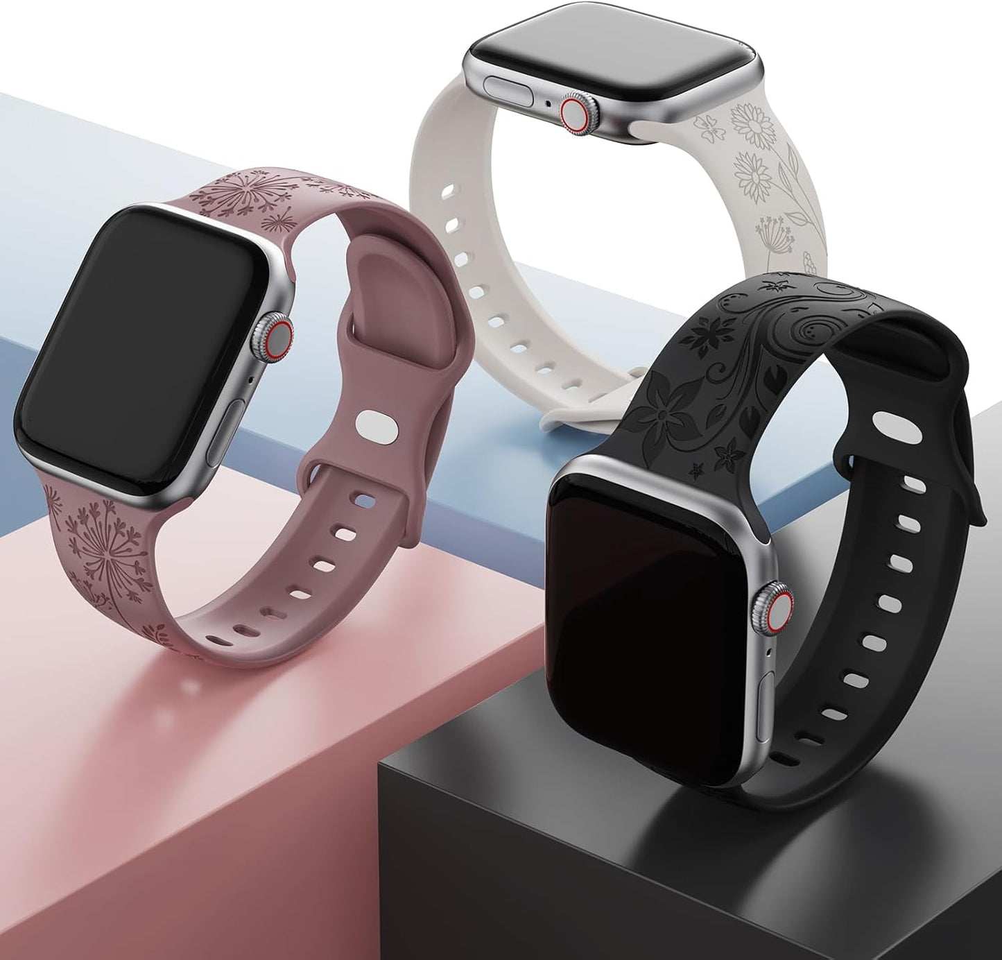 3 Pack Floral Engraved Bands Compatible with Apple Watch Band for Women 38Mm 40Mm 41Mm 42Mm 44Mm 45Mm 49Mm, Cute Flower Laser Pattern Soft Silicone Strap for Iwatch Series Ultra SE 9 8 7 6 5 4 3 2 1