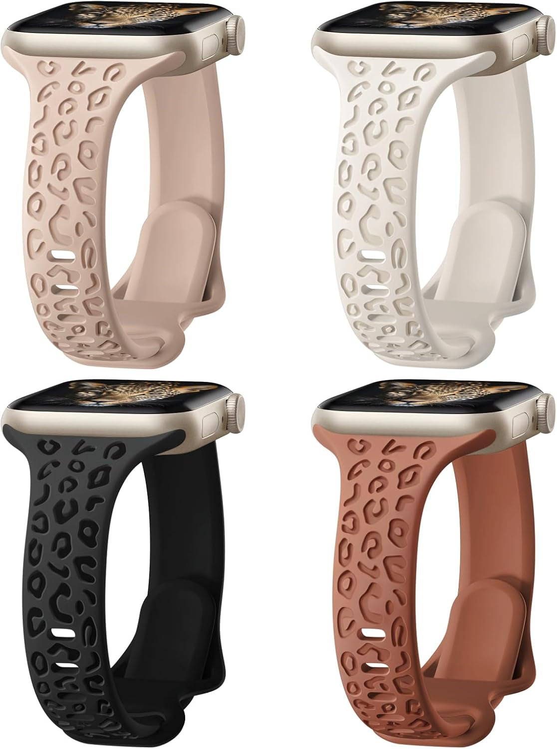 4 Pack Slim Leopard Engraved Bands Compatible for Apple Watch Bands 41Mm 40Mm 38Mm 45Mm 44Mm 42Mm 49Mm Women, Thin Soft Silicone Cheetah Sport Strap for Iwatch Bands Series 9 8 7 6 5 4 3 2 1 Ultra SE