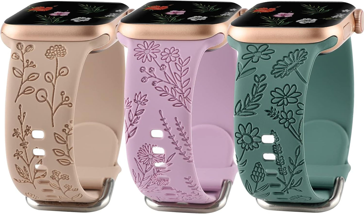 Floral Engraved Sport Bands Compatible with Apple Watch Band 38Mm 40Mm 41Mm, Women Cute Flower Pattern Soft Silicone Strap Smartwatch Wristband Accessories for Iwatch Series 8 7 6 5 4 3 2 1 SE