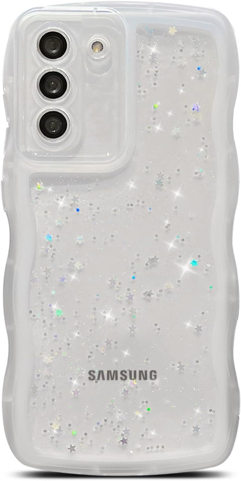 Compatible with Samsung Galaxy S22 plus Case,Transparent Matte Curly Wave Frame Bling Shiny Cases,Cute Glitter Clear Shockproof Protective Bumper Phone Cover for Women Girls (Blue)