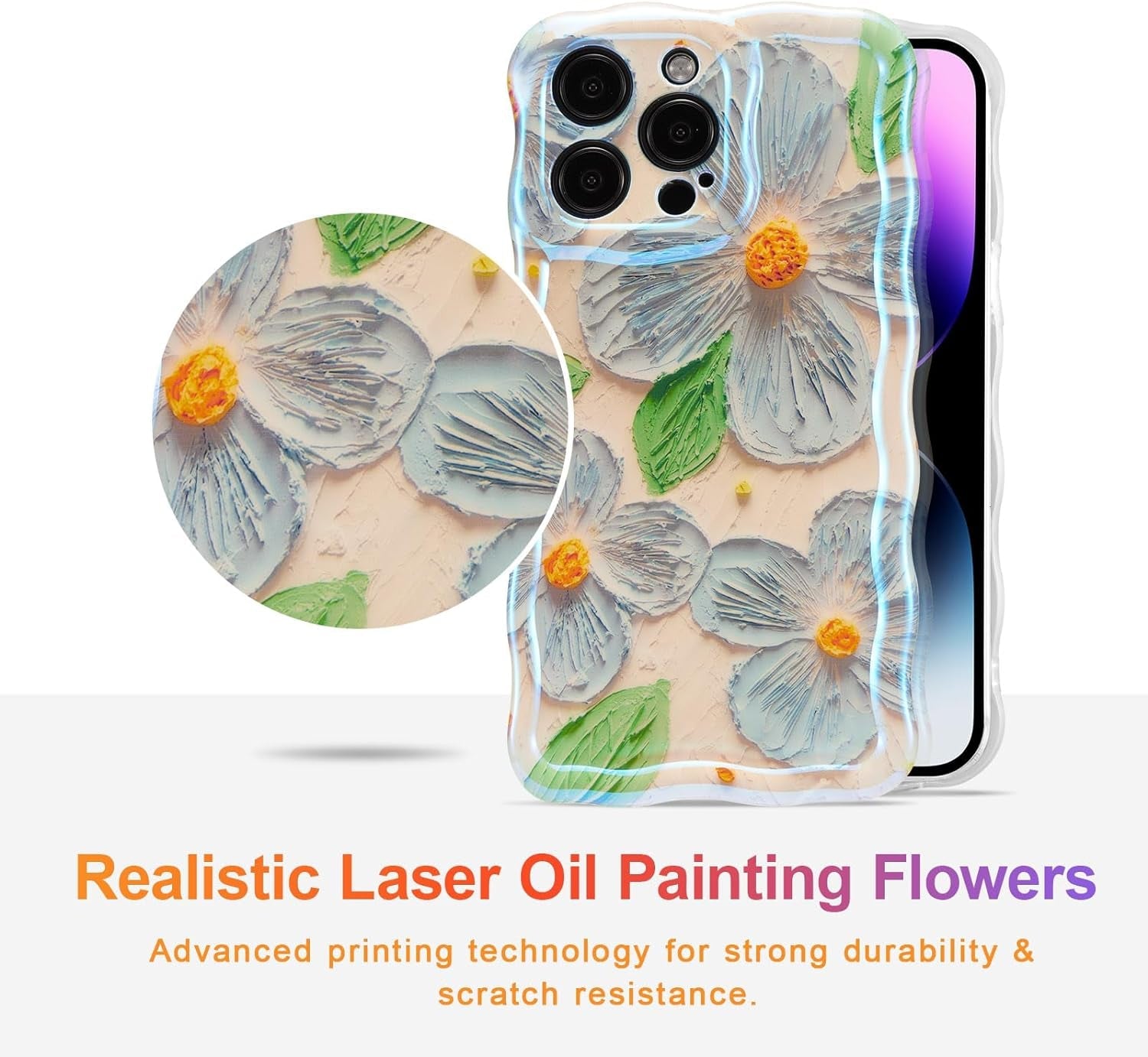 EYZUTAK Case for Iphone 14 Pro, Colorful Retro Oil Painting Flower Leaf Laser Glossy Pattern Cute Curly Wave Edge Exquisite Phone Cover Stylish Durable TPU Protective Case for Girls Women - Blue Green  EYZUTAK   