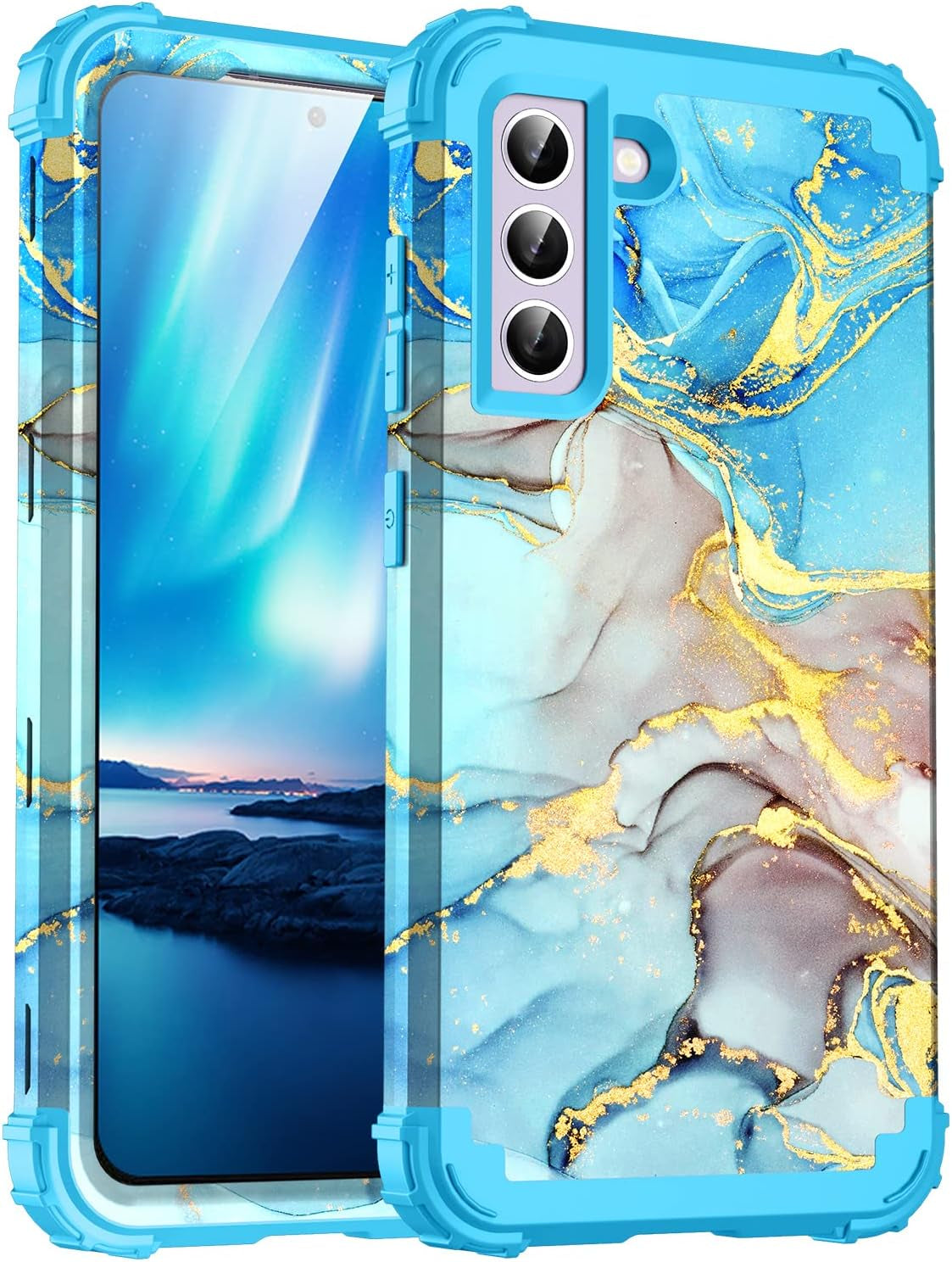 For Galacy S20 FE 5G Case,Marble Design Three Layer Heavy Duty Shockproof Protection Hard Plastic Bumper Soft Silicone Rubber Drop Protective Cover Case for Galaxy S20 FE 6.5 Inch,(Blue)