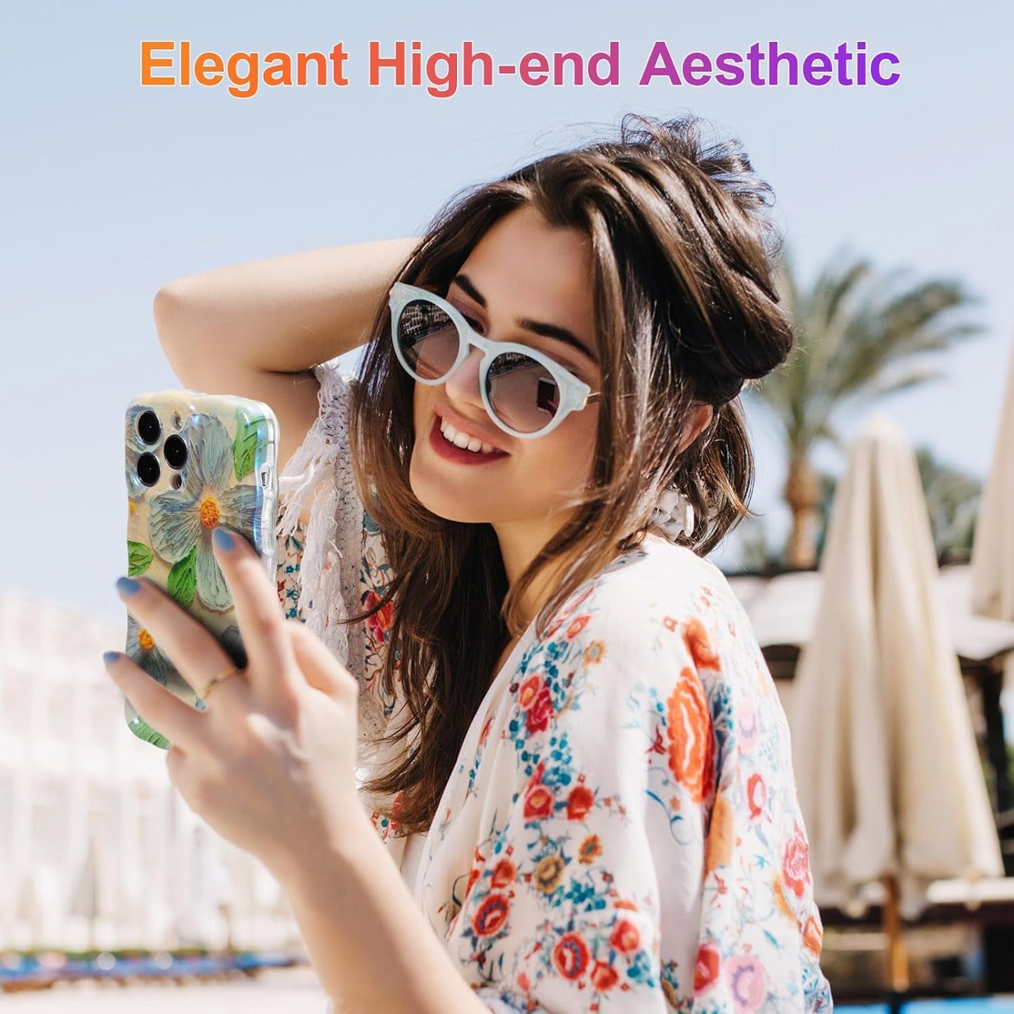 EYZUTAK Case for Iphone 14 Pro, Colorful Retro Oil Painting Flower Leaf Laser Glossy Pattern Cute Curly Wave Edge Exquisite Phone Cover Stylish Durable TPU Protective Case for Girls Women - Blue Green  EYZUTAK   