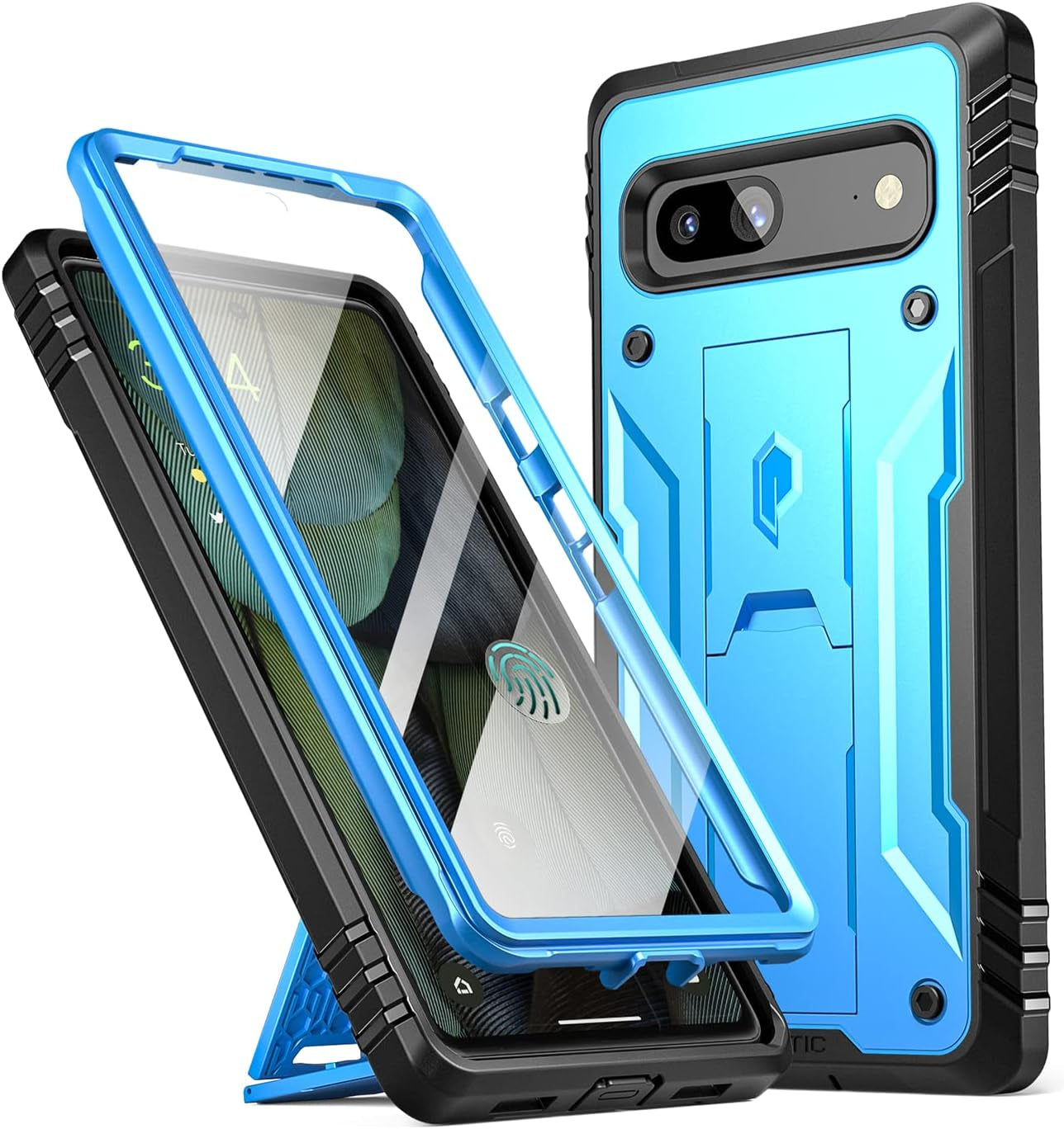 Poetic Revolution Case for Google Pixel 7A 5G, Built-In Screen Protector Work with Fingerprint ID, Full Body Rugged Shockproof Protective Cover Case with Kickstand, Light Pink  Poetic Light Blue  