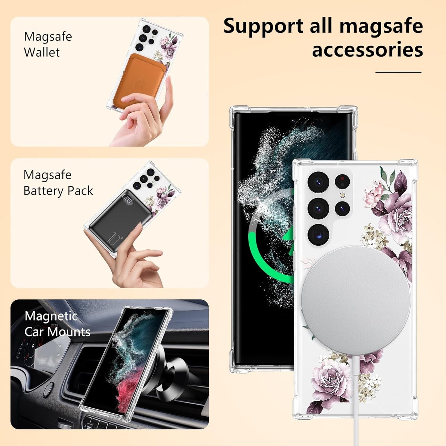 DEFBSC Magnetic Case for Samsung Galaxy S22 Ultra [Work with Magsafe] Clear Floral Flower Pattern Print Design Flexible Acrylic Shockproof Cover Flower Protective Phone Case, Purple Peony